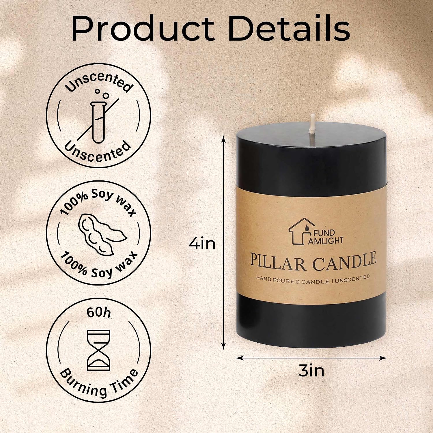 3x4 Inch Black Pillar Candles Set of 3 - Decorative Unscented Pillar Candles, Long Burning Dripless Candle for Home