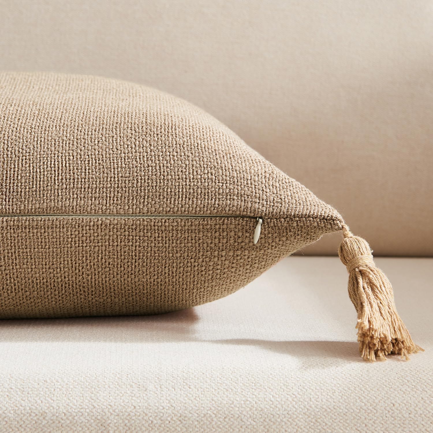 Linen Look Decorative Throw Cushion Covers / Khaki / 16 x 16 / Set of 2