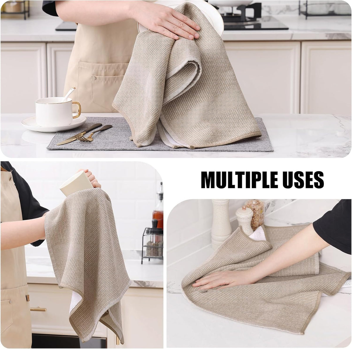 Homaxy 380 GSM Cotton Premium Kitchen Towels 12 Pack, 18"x 28", Khaki | Flat and Terry Dish Towels, Highly Absorbent