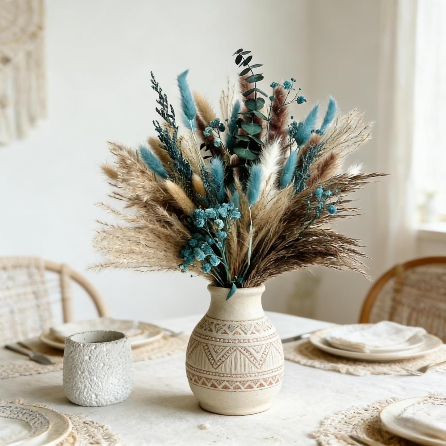 Turquoise Dired Pampas Grass Decor 17" Fluffy Real Blue Dired Flowers / Teal