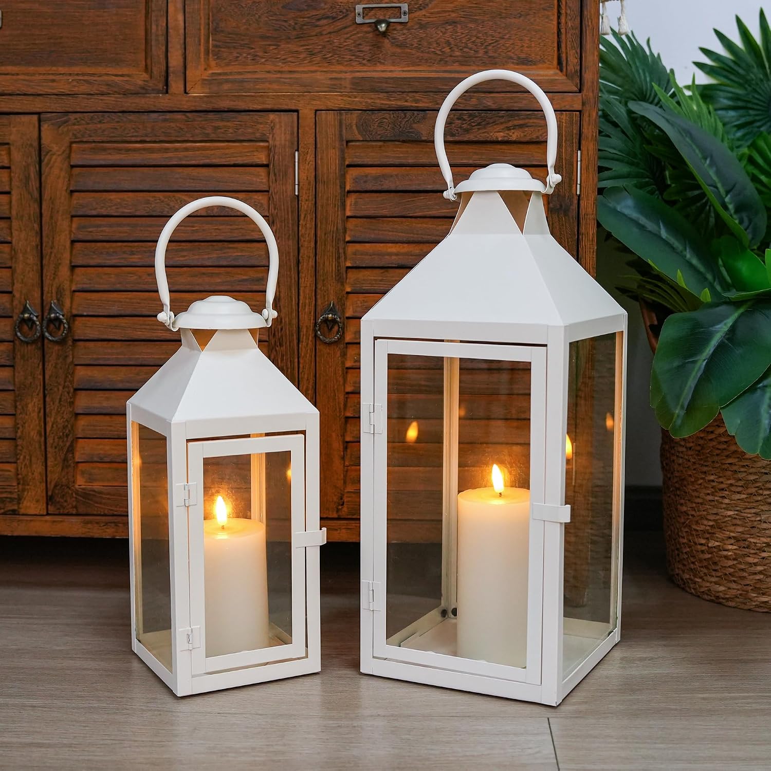 JHY DESIGN Set of 2 Cream Decorative Lanterns 17.5inch&13.5inch Metal Candle Lanterns for Indoor Outdoor Events Paritie