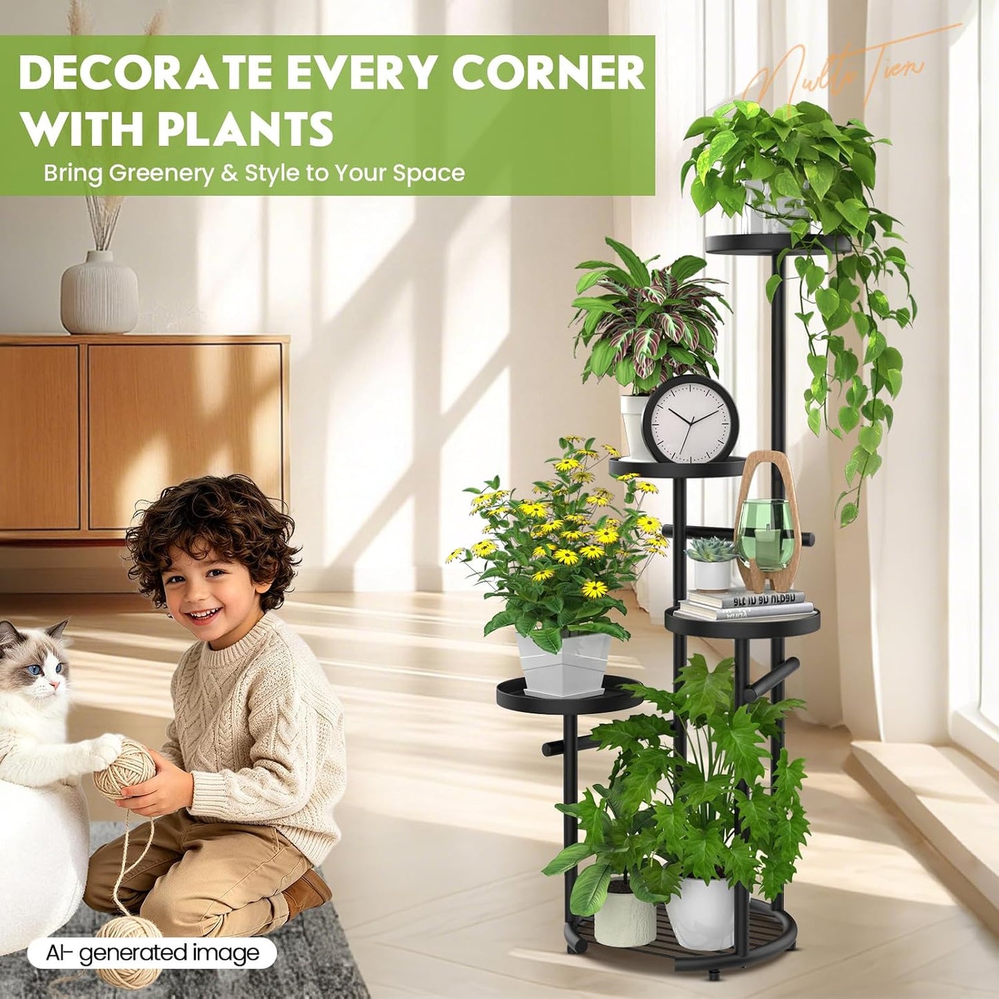 TOSKING Tall 5-Tier Round Metal Corner Plant Stand Indoor, Anti-Tip, Black | 37.7-Inch Height, Space-Saving Design