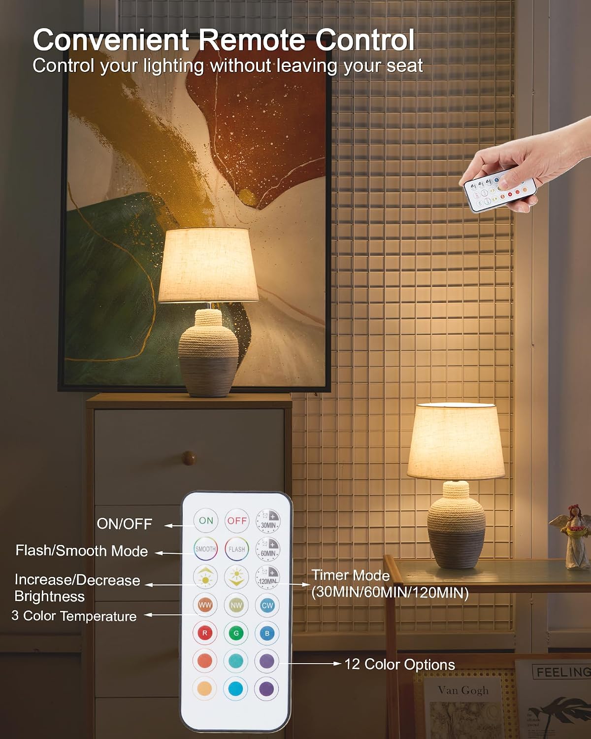 UMEXUS 13" Small Cordless Rechargeable Battery Table Lamp, Coastal Ceramic | Remote Control Timer, Dimmer, RGB & Warm