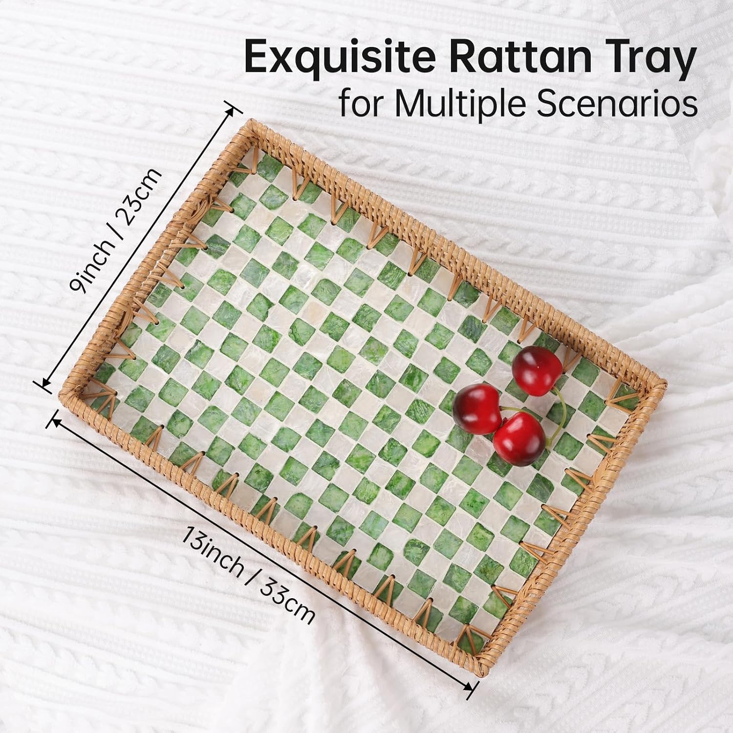 Rattan Serving Tray / Green Checkerboard