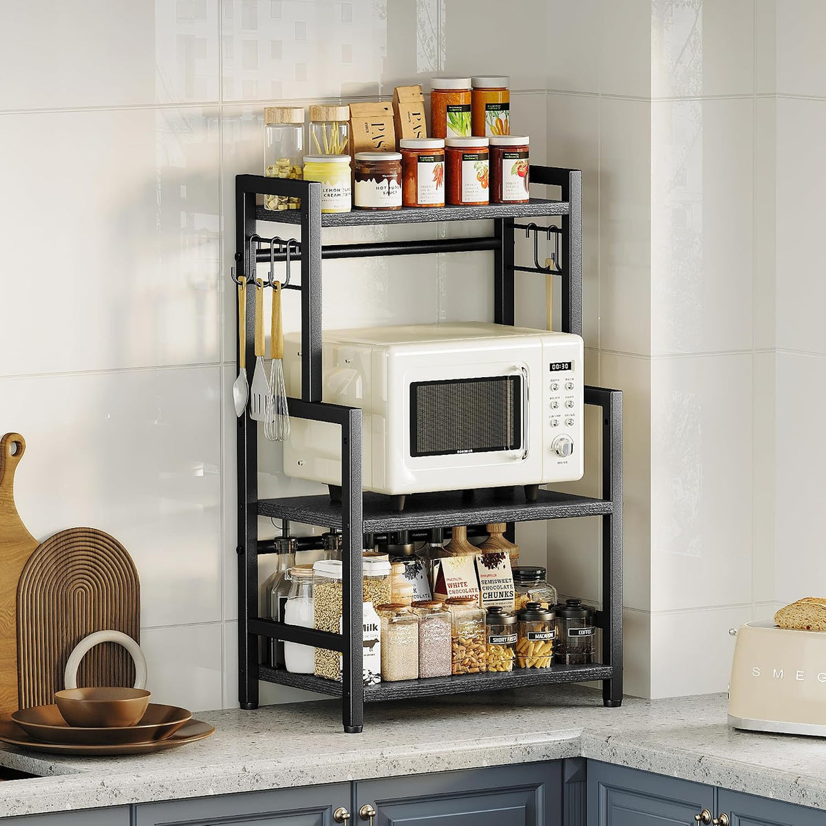 Kitchen Countertop Organizer, 3 Tier Large Spice Rack Organizer with Adjustable Shelf and 5 Hooks, Wooden Counter