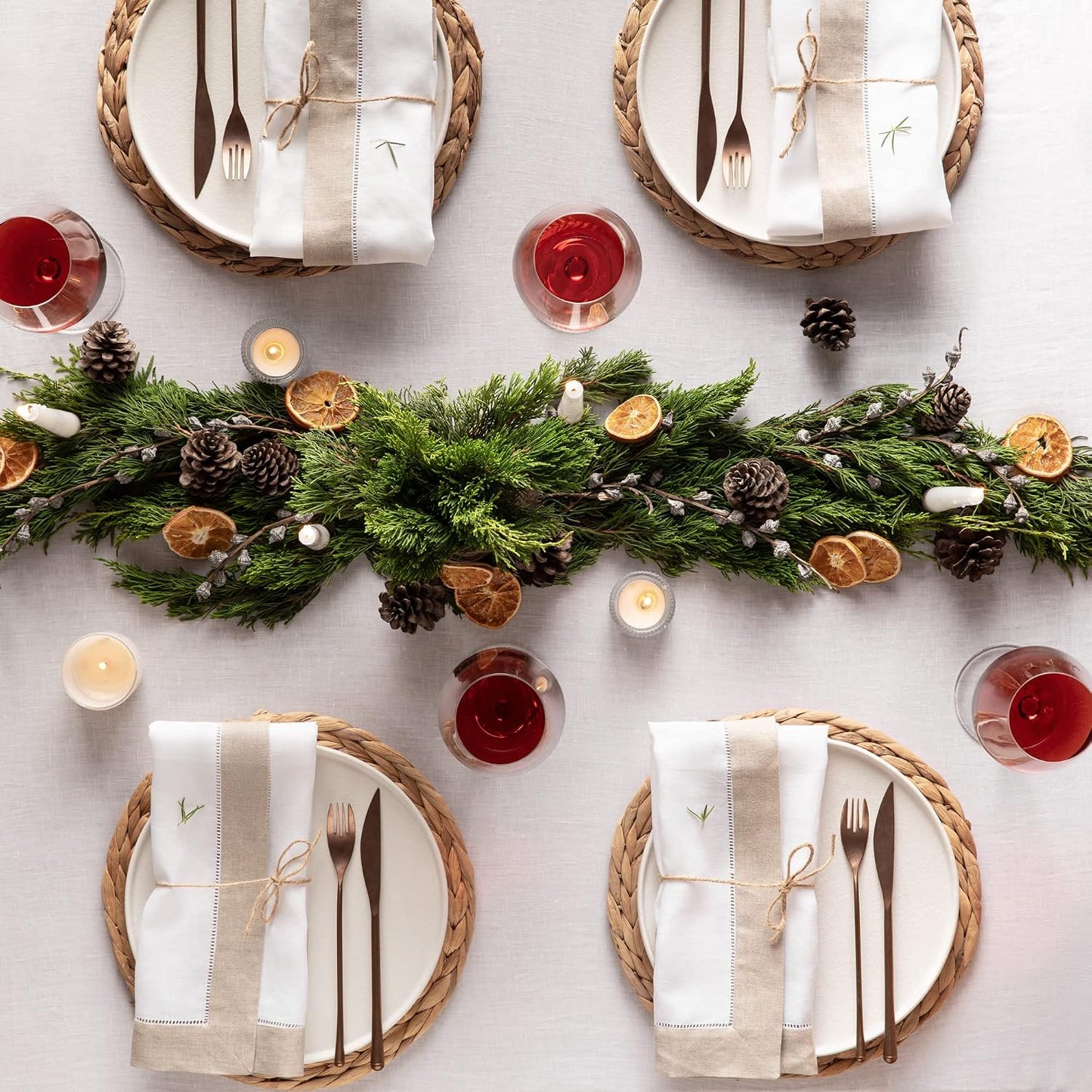 Linen Napkins 20 x 20 inch - 100% Pure Linen White and Natural Dinner Napkins Set of 4 - Hemstitch Napkins Cloth