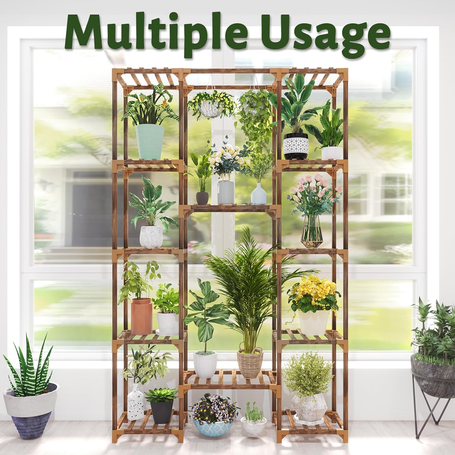 Plant Stand Indoor Outdoor, 12 Tiered Plant Shelf Wood Plant Rack | Tall Plant Holder for Multiple Plants, Large Ladder