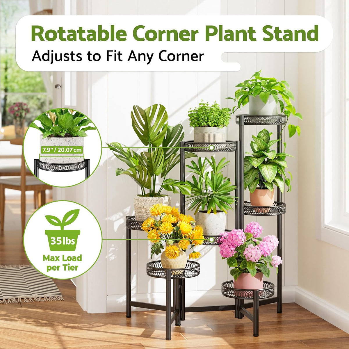 Plant Stand Indoor Outdoor, 7 Tier Large Plant Stand with 7.9-Inch Wide Drainage Tray, Tiered Corner Metal Iron Flower