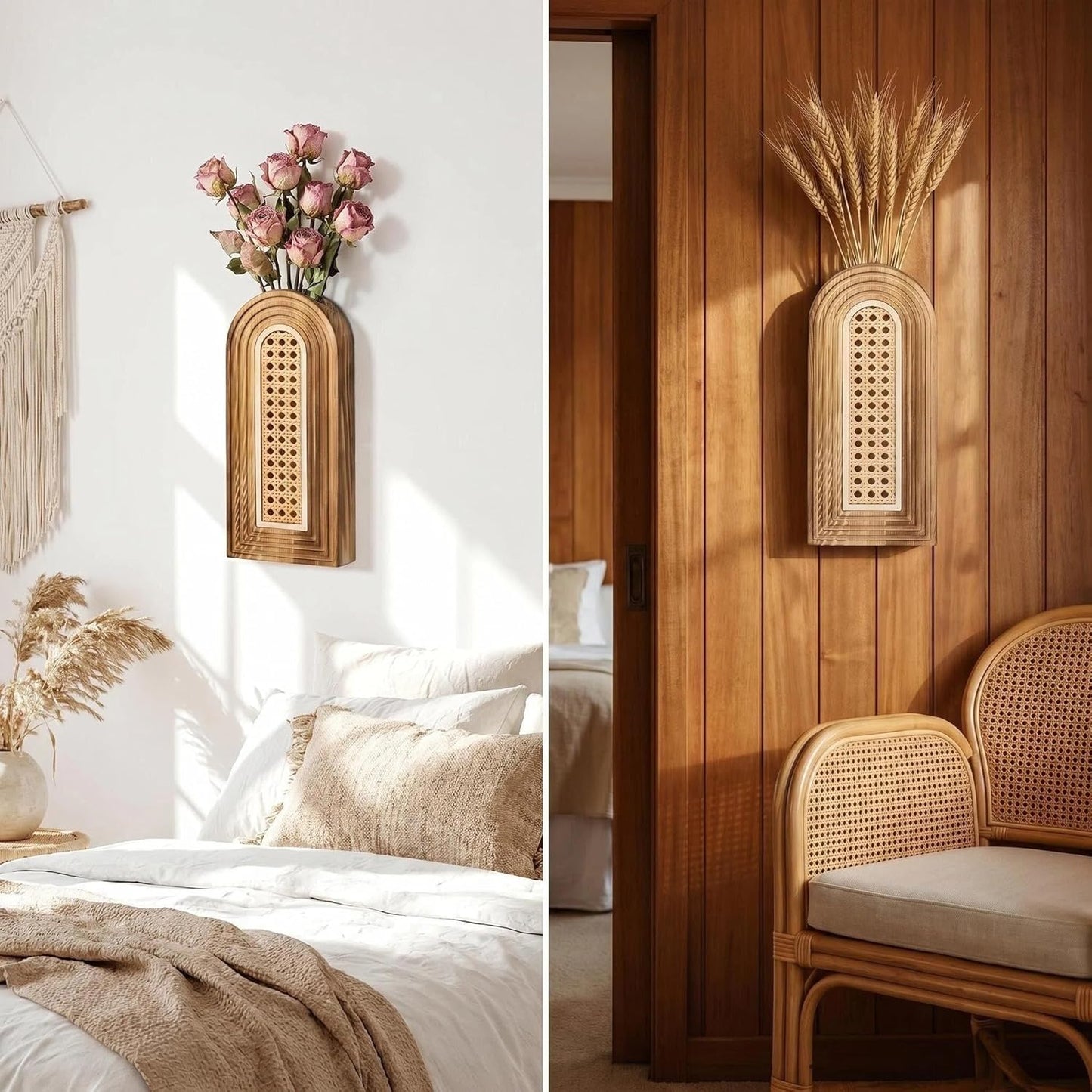 Wooden Wall Vase Set / Rattan-brown / Set of 2