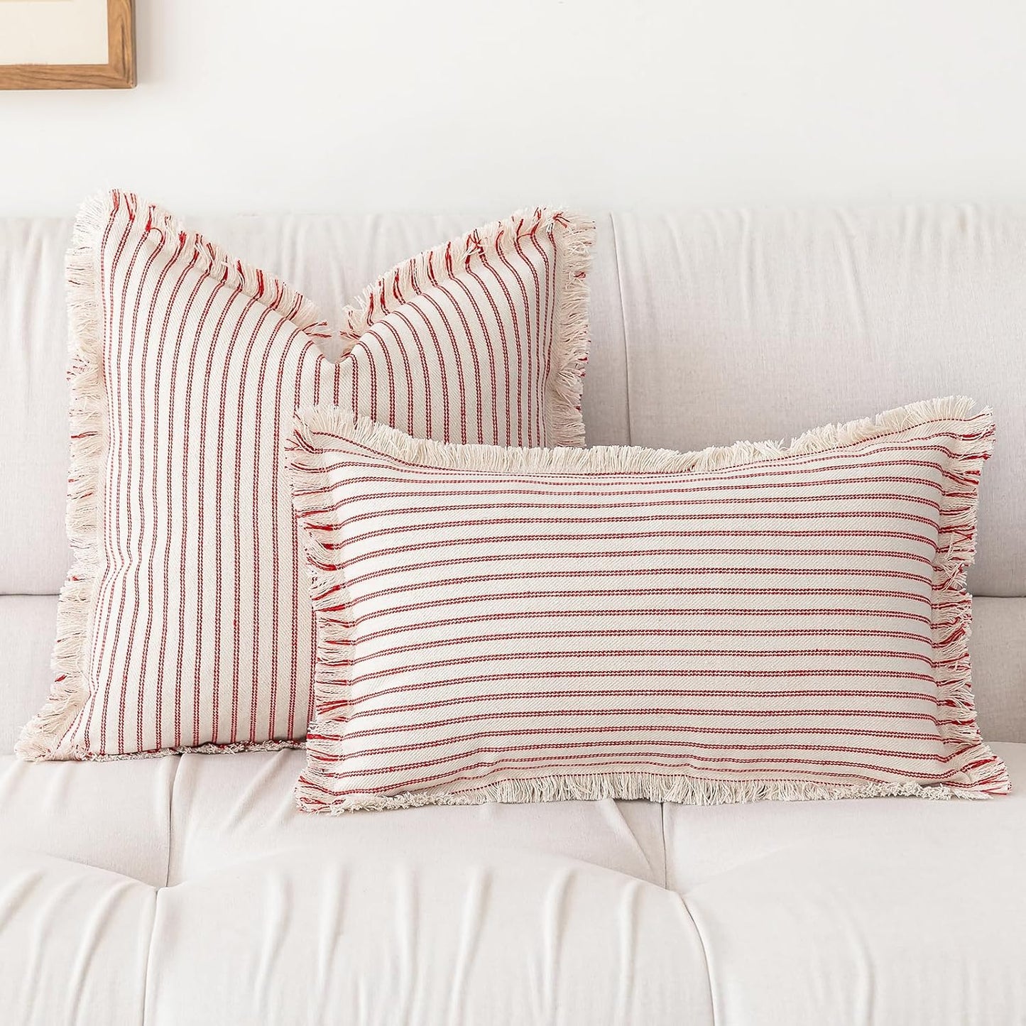 Throw Pillow Covers Striped Fringe Pillow Cover Farmhouse Cushion Covers / Red / 24 x 24 / Set of 2