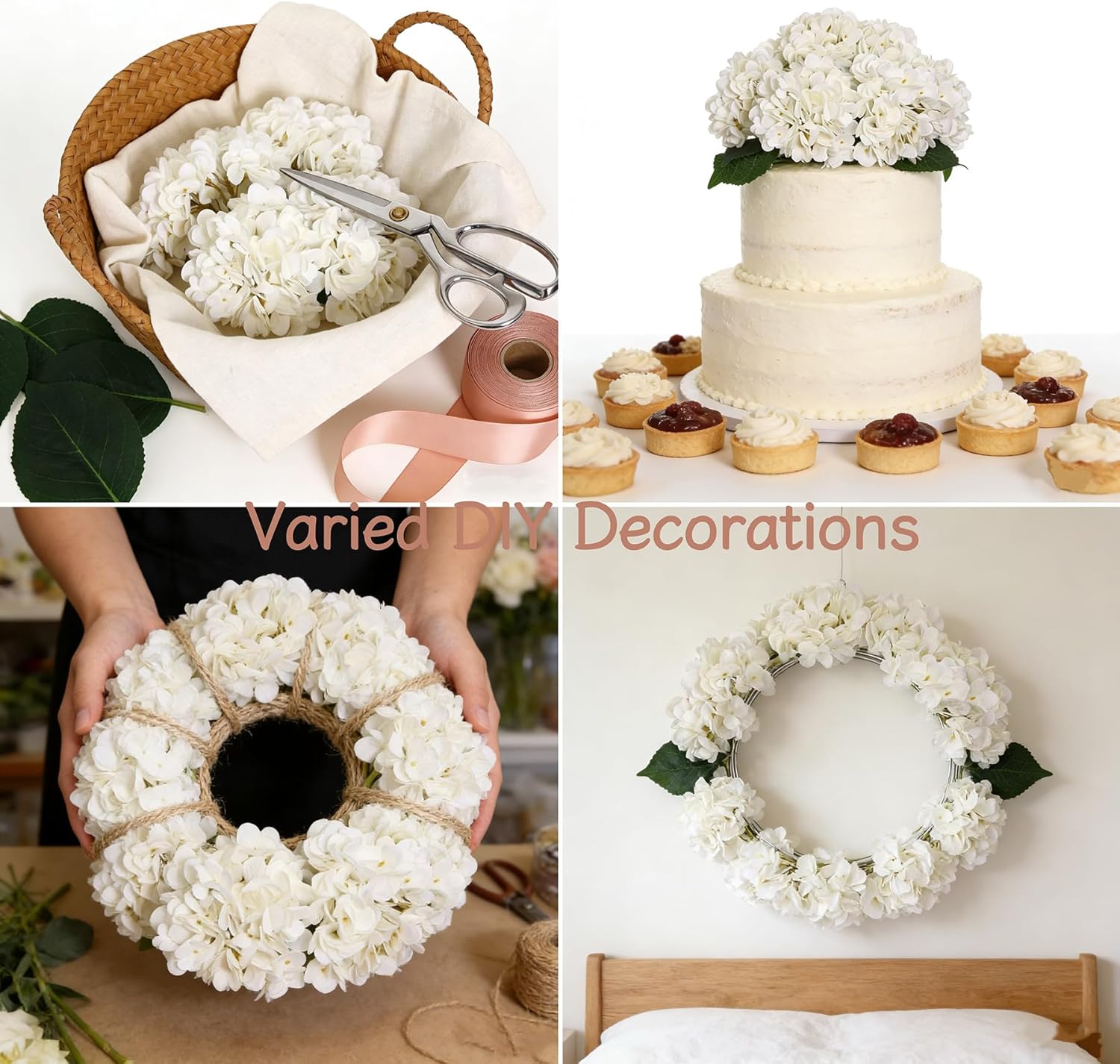 Hydrangea Artificial Flowers Silk Fake Hydrangeas Faux Hydrangea Flowers / White / Set of 6