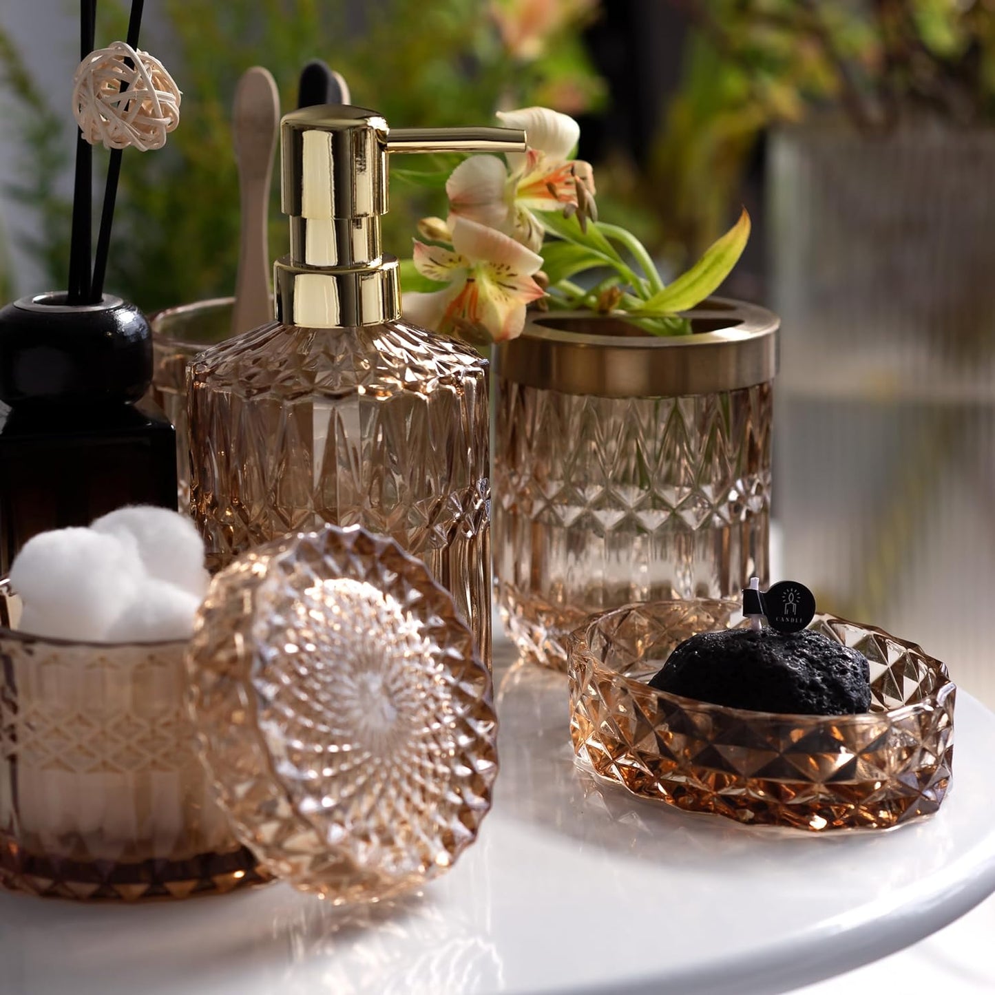 EMPO 6PCS Bathroom Clear Glass Accessories Set (Lotion Soap Dispenser, Soap Dish, Toothbrush Holder, Tumbler, Cotton