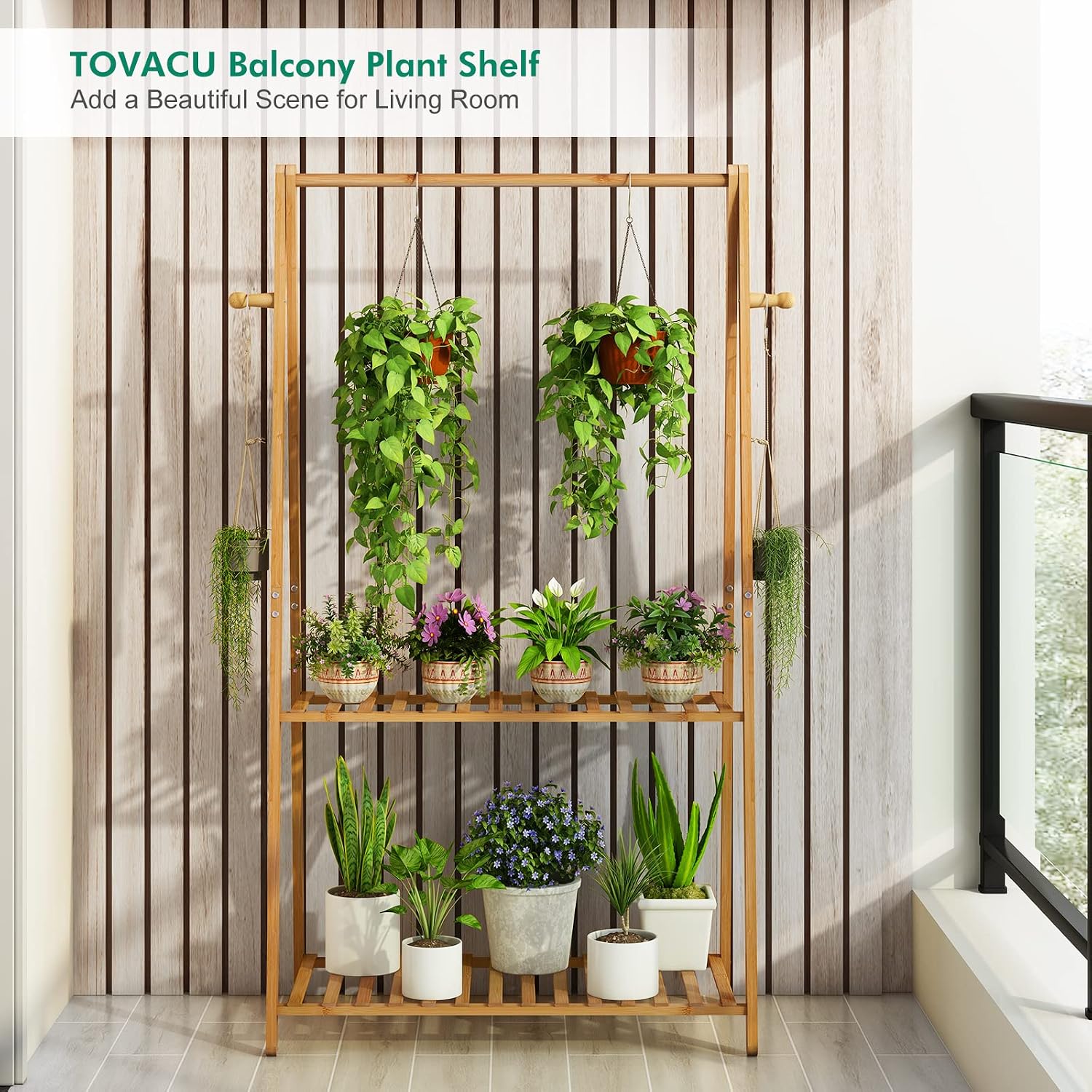 Hanging Plant Shelf Indoor Outdoor Bamboo Wood Plant Flower Stands | 2 Tiered Bamboo Plant Shelves Flower Holder A
