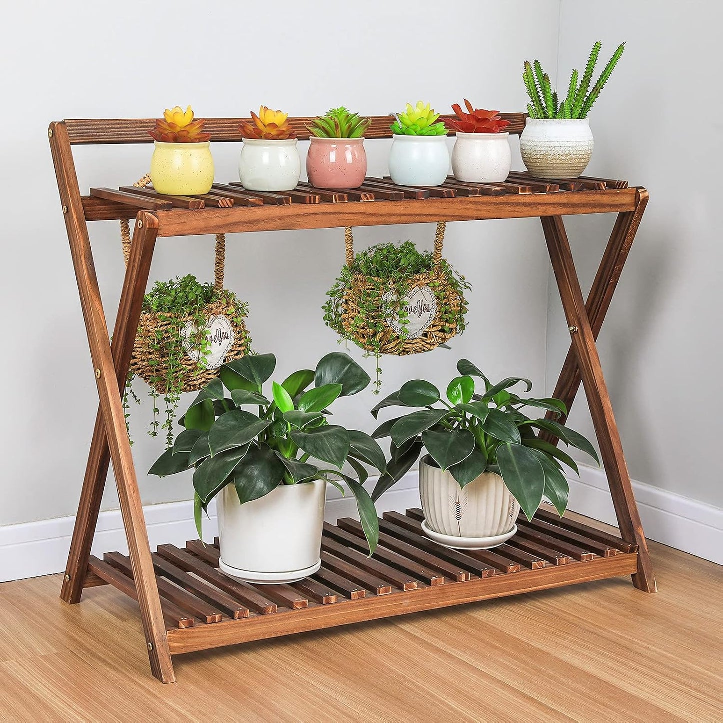 Indoor Plant Stand Shelf for Multiple Plants Hanging 2 Tier Wood | Outdoor Flower Pot Stand Holder with Planter Hanger
