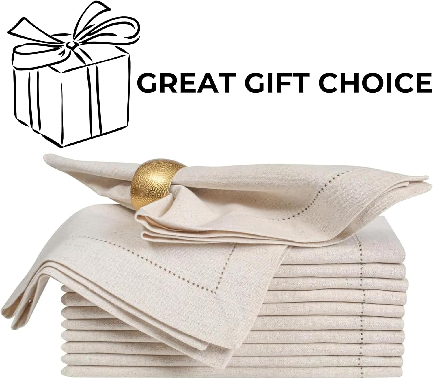 HOMIDATE Linen Cotton Cloth Dinner Napkins, 20x20, Set of 12 | Flax cotton blend, hemstitched mitered corners, machine