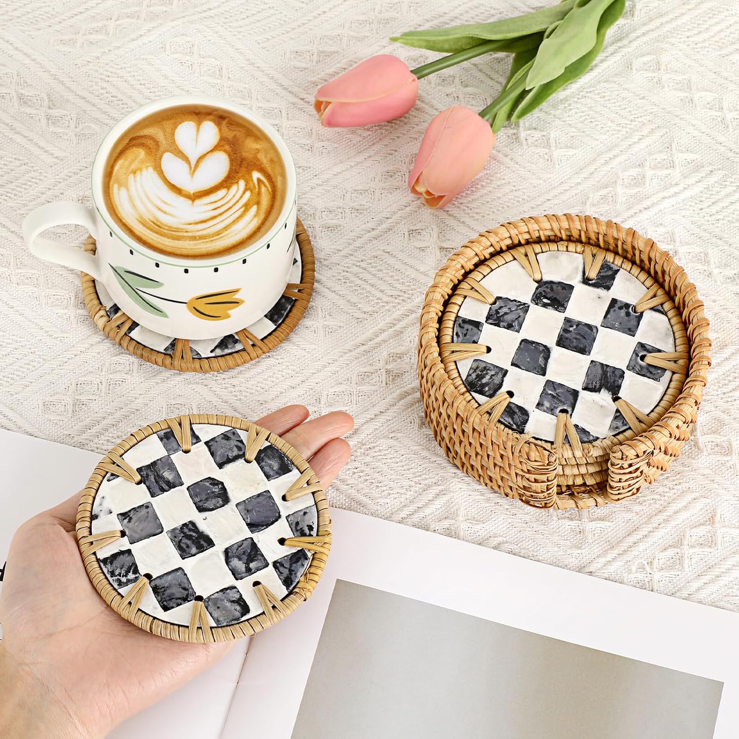Holder / Boho Coastal Coasters / Checkered Pattern / Set of 6