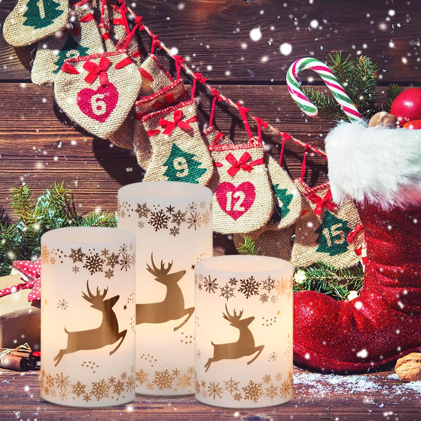 Gold Deer Flameless Candles Battery Operated with 6 Hour Timer | LED Pillar Candles Flickering, Real Wax Warm Light