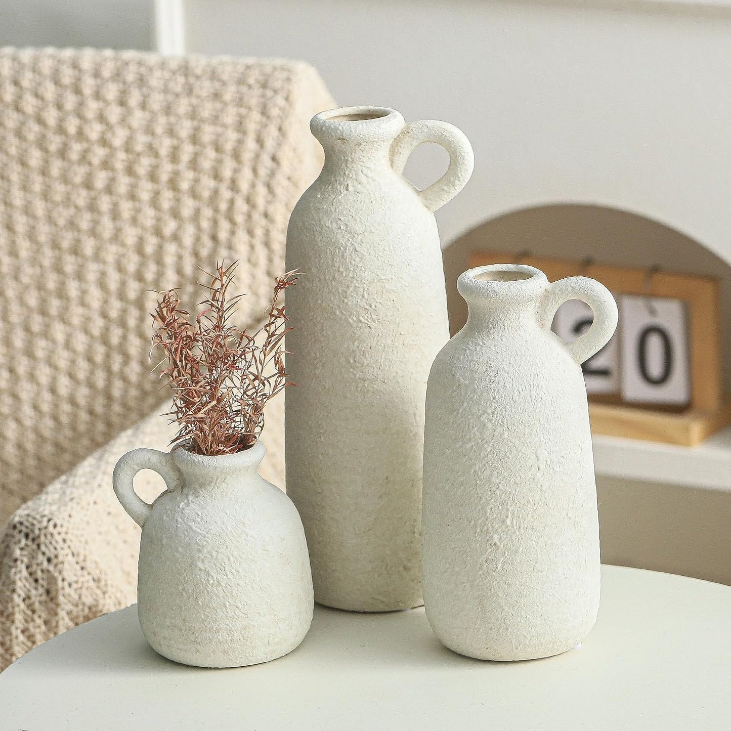 Ceramic Vase / 010 Vase Set with Handle - White / Set of 3