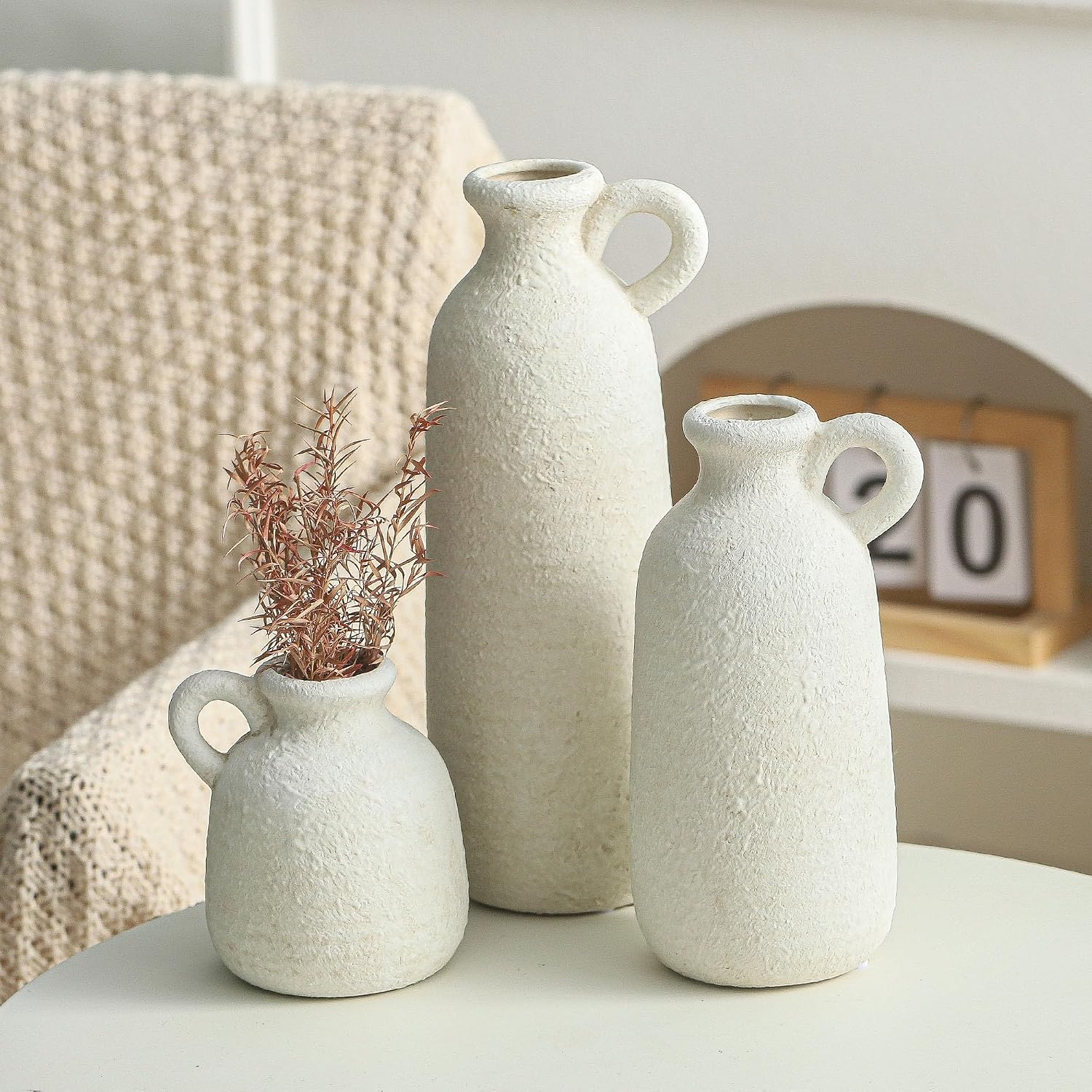 Ceramic Vase / 010 Vase Set with Handle - White / Set of 3
