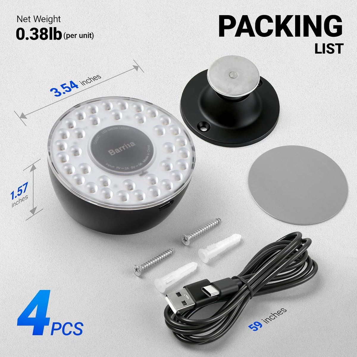 Barrina Orbgrow OG03C Rechargeable Puck Grow Light, 5000K, 4 Packs, Black | Cordless Full Spectrum Plant Light for