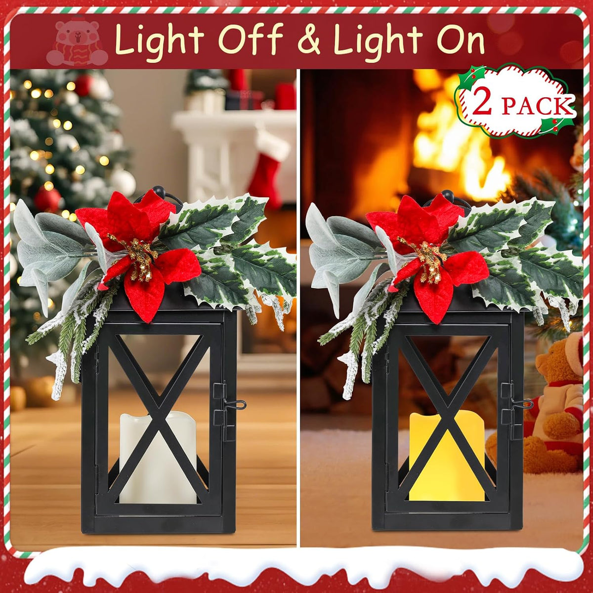 Christmas Decorative Lanterns 2 Pack 12 Inch with Timer Candles Xmars Decor | 12 inch black metal Christmas lanterns