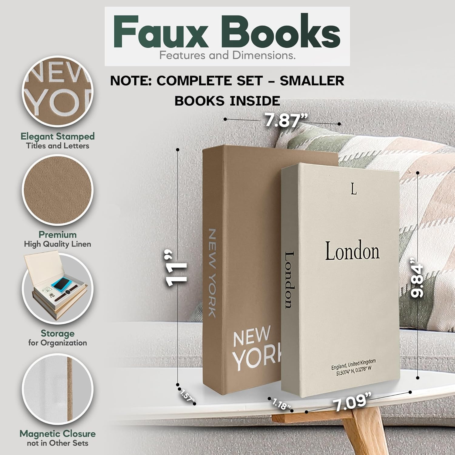 Faux Book Storage Box Set / Beige/brown / Modern