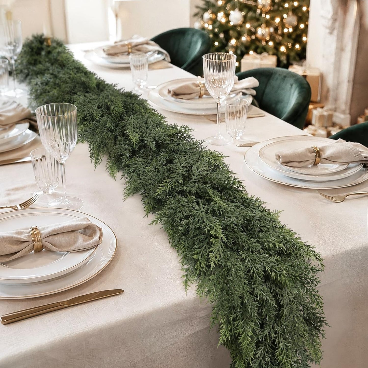 9Ft Christmas Cedar Garland, Real Touch Soft Greenery Christmas Decorations | Realistic Thick Full Lush Artificial