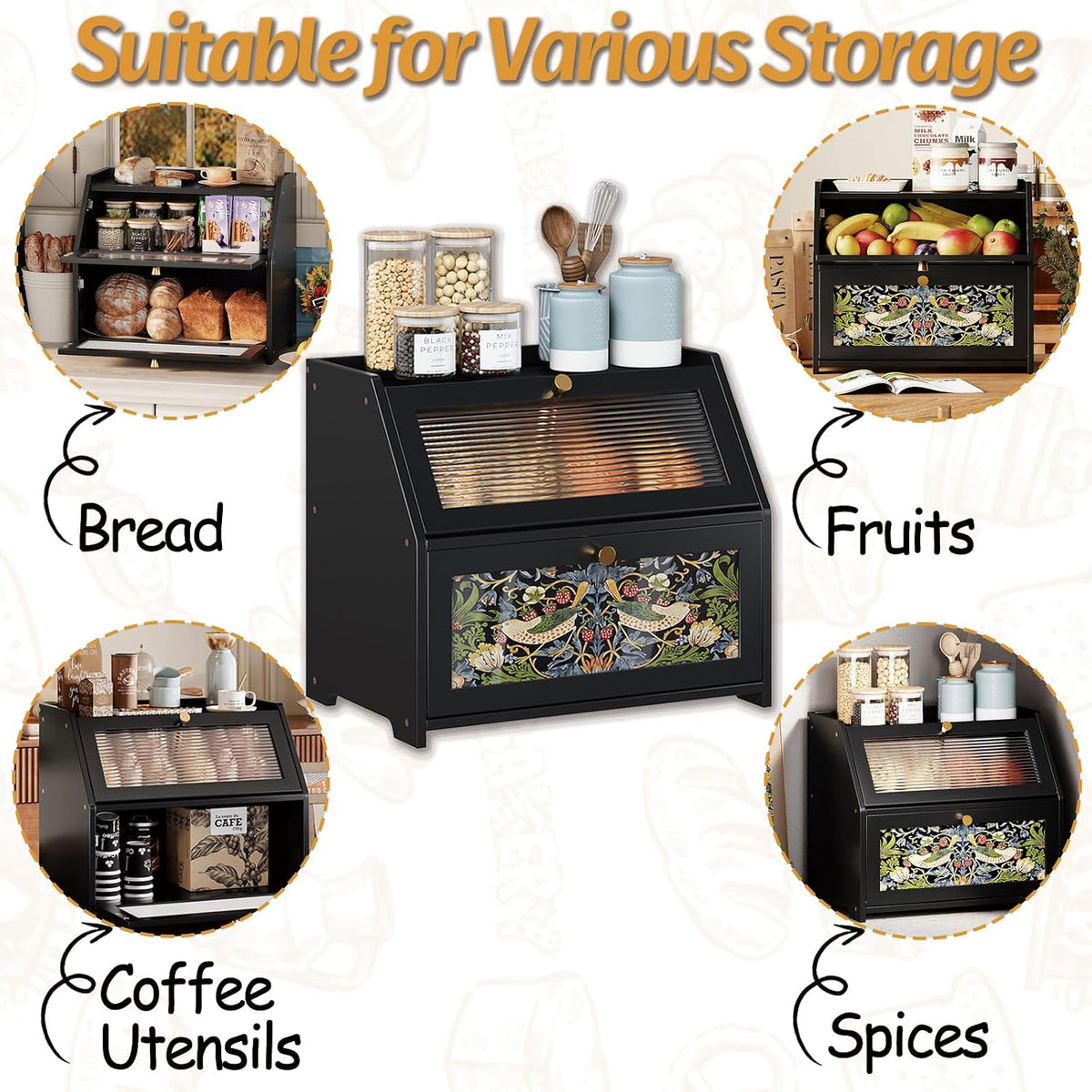 Trironsun Bamboo Bread Box for Kitchen Counter Black Bread Storage Container with Acrylic Door William Morris Flower