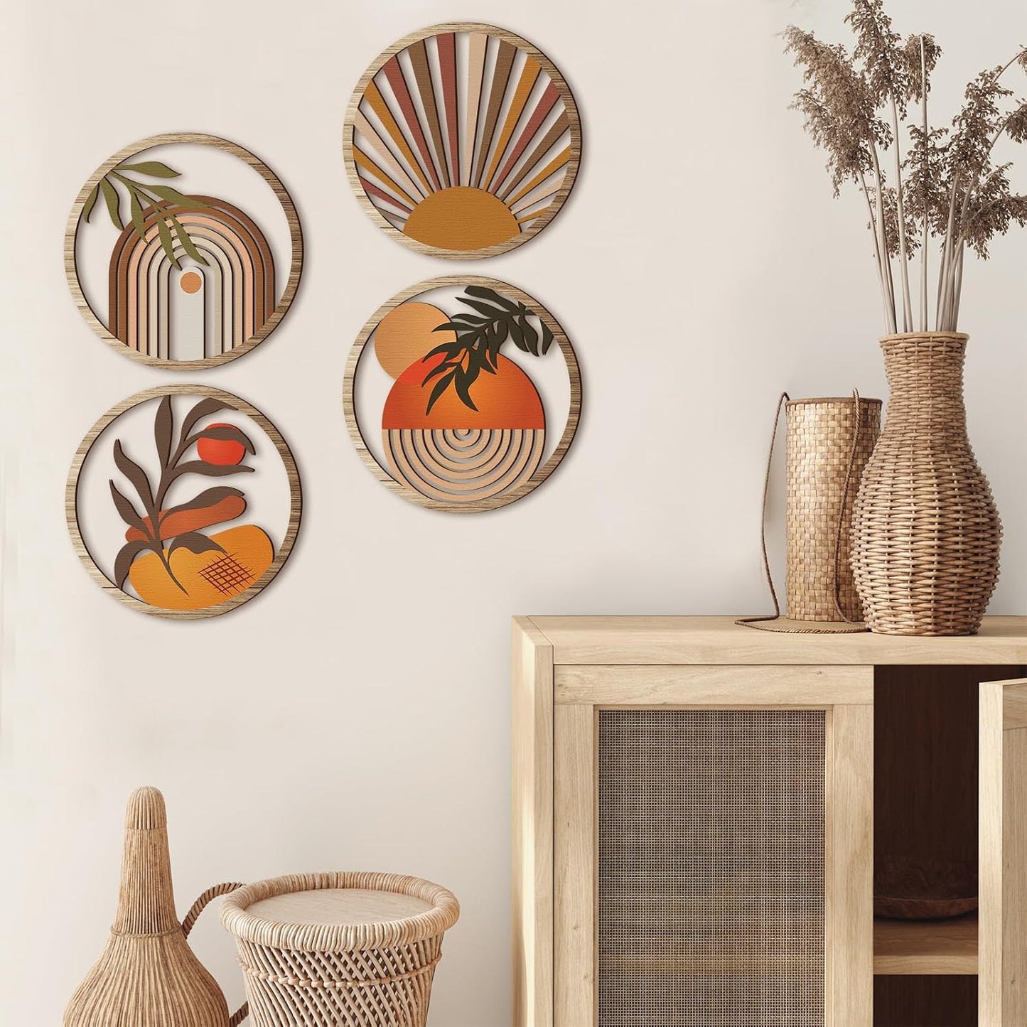 Boho Wall Art Bohemian Wooden Round Circle Wall Decor Hollow out Hanging / Stylish / Set of 4