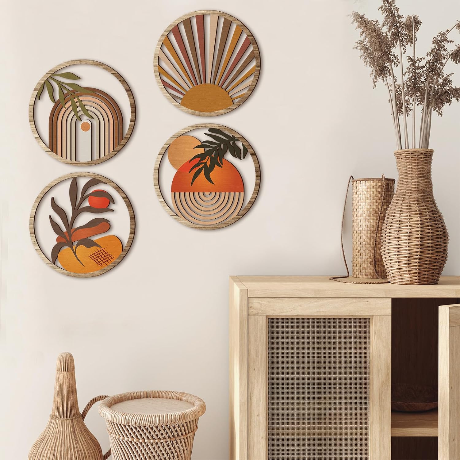 Boho Wall Art Bohemian Wooden Round Circle Wall Decor Hollow out Hanging / Stylish / Set of 4
