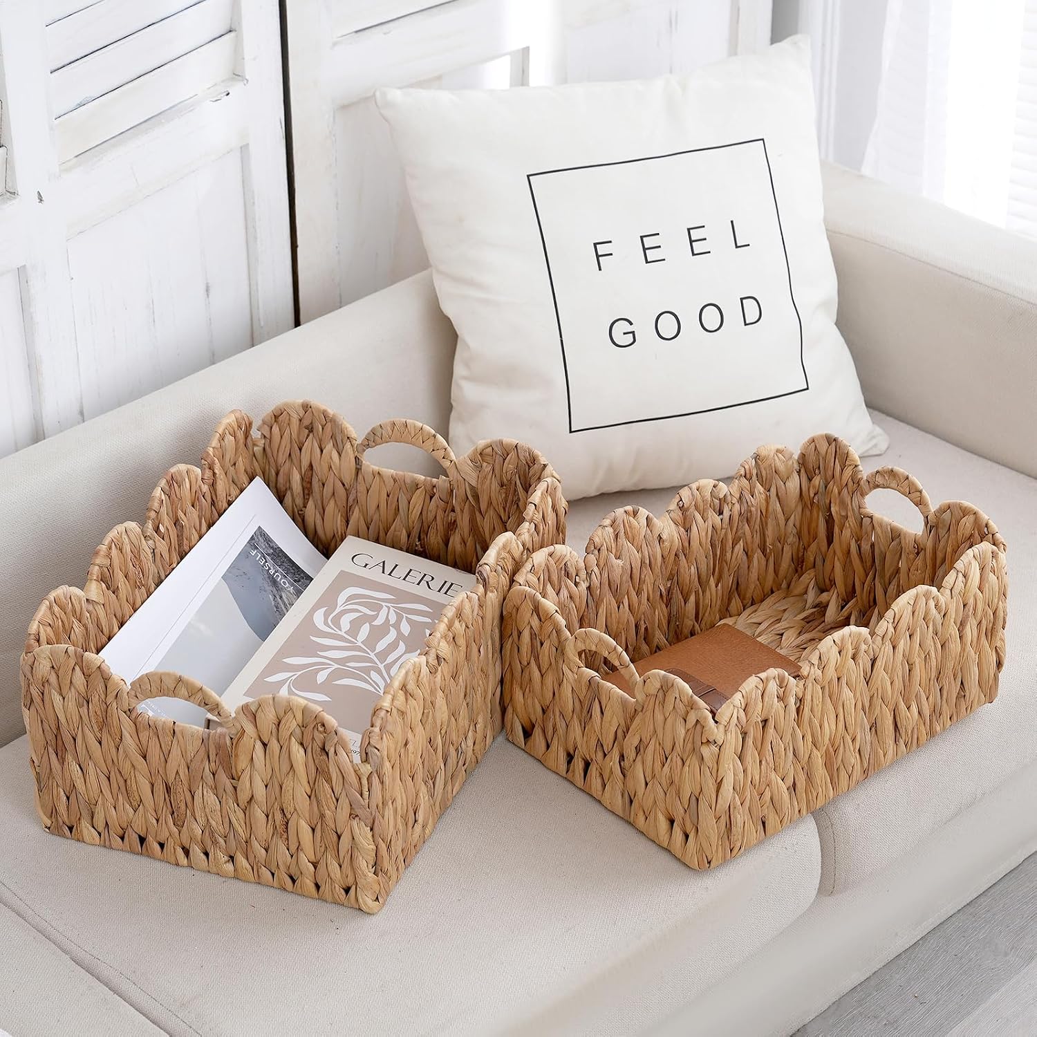 Wicker Baskets / Large &Small Woven Storage Basket / 2PC / Wave / 15 Inch / Set of 2