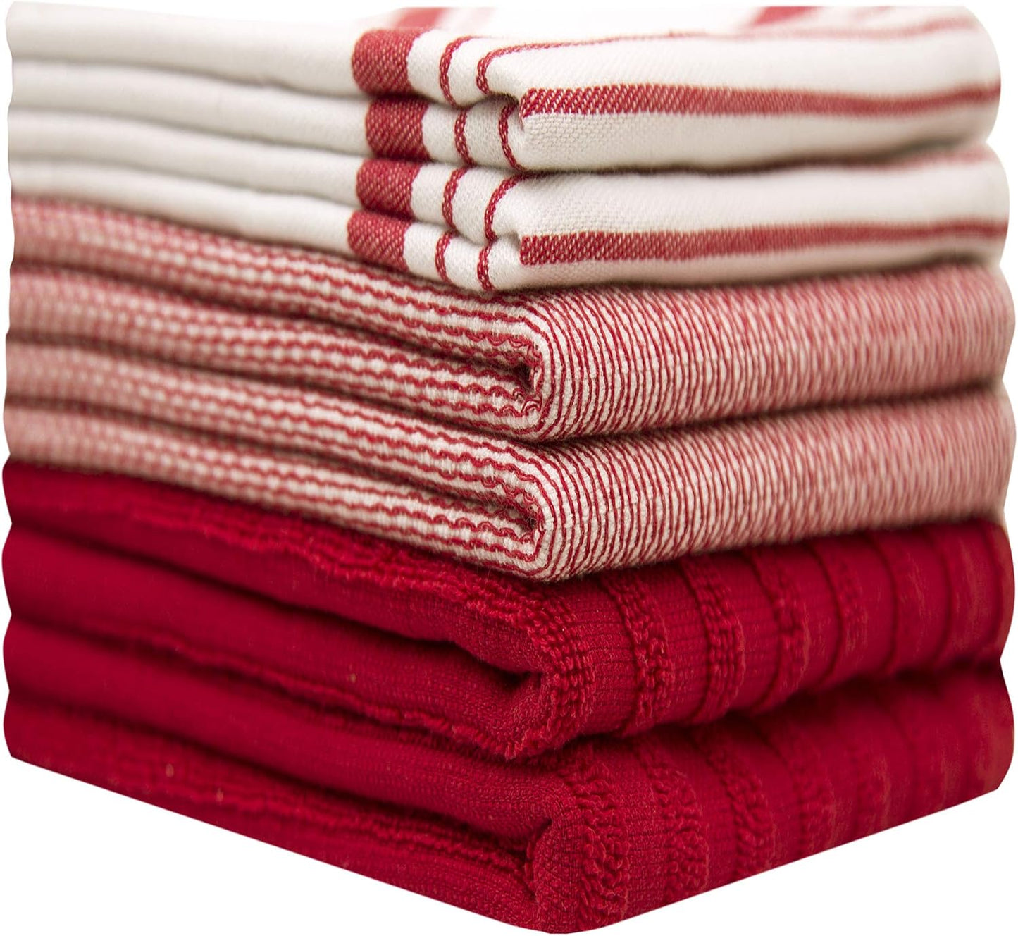 Premium Kitchen Towels 6 Pack 100% Cotton 20"x28" Dish Towels Red Striped | Large Flat & Terry Kitchen Linen Set with