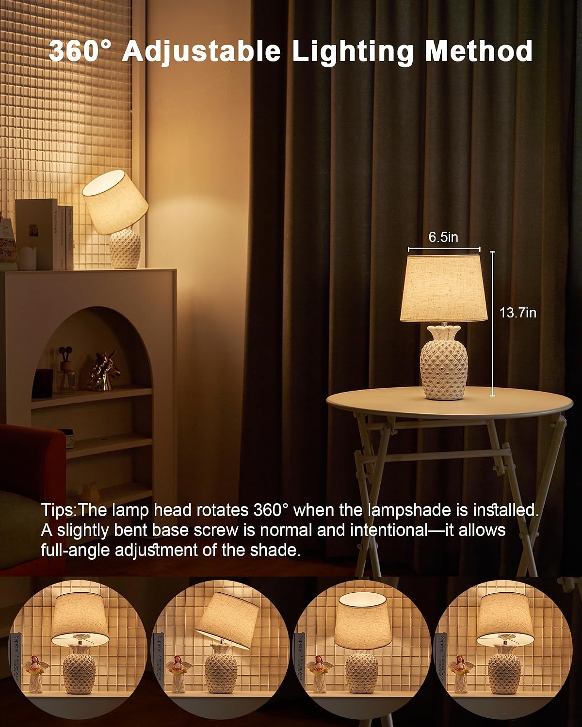 UMEXUS 13" Small Rechargeable Cordless Table Lamp, Pineapple Ceramic Base | Battery Powered, Remote Control Timer