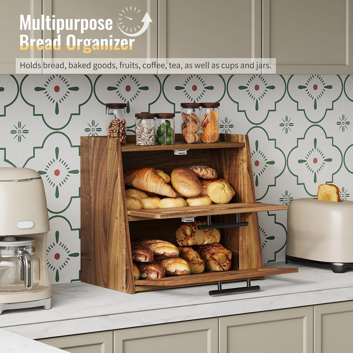 Bread Box for Kitchen Counter,Wooden Double Layer Countertop Bread Storage | Bread Holder Container Bin with Window for