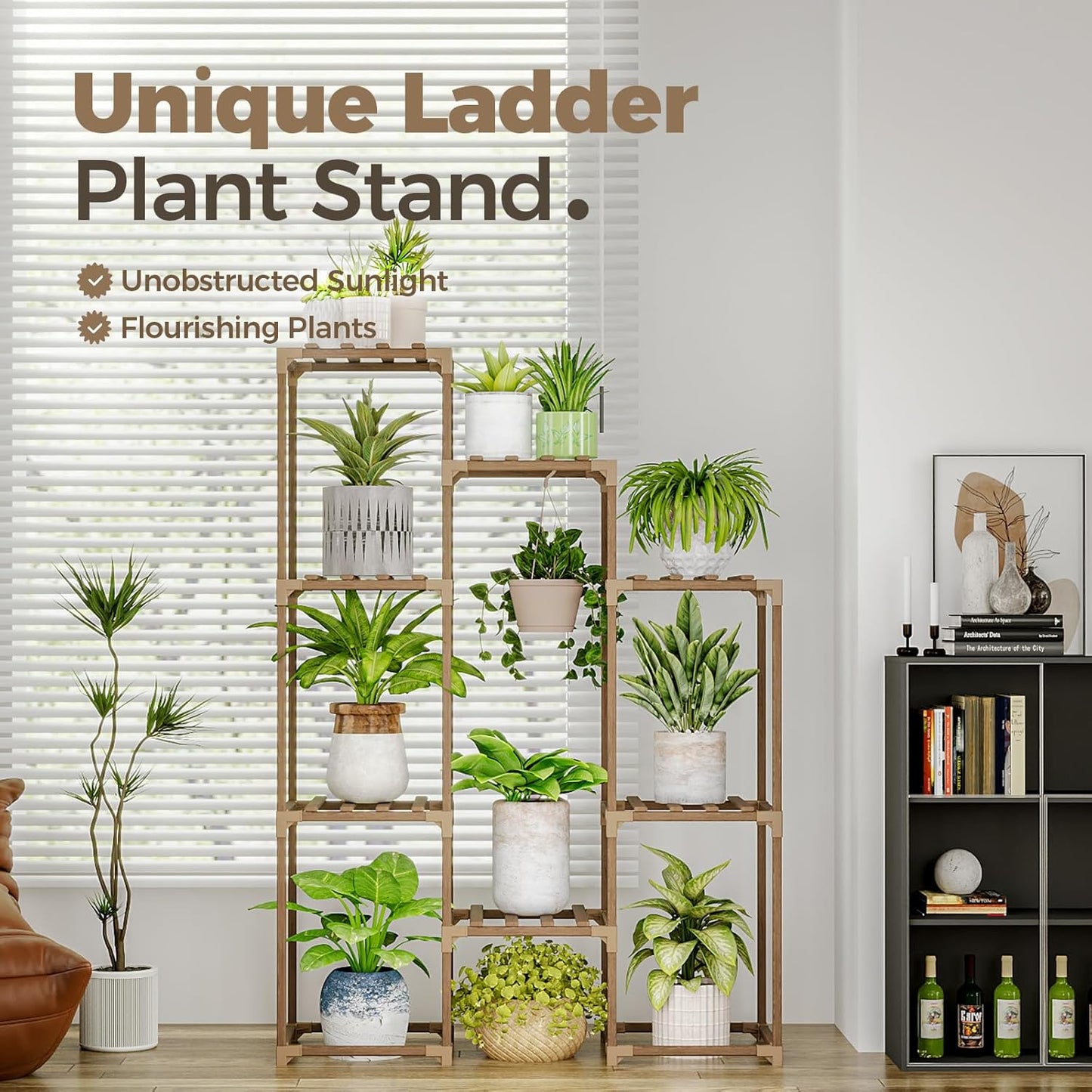 Bamworld Plant Stand Indoor Hanging Plants Shelf 7 Pots Tall Ladder Plant Holder Large Wood Flower Stand for Living