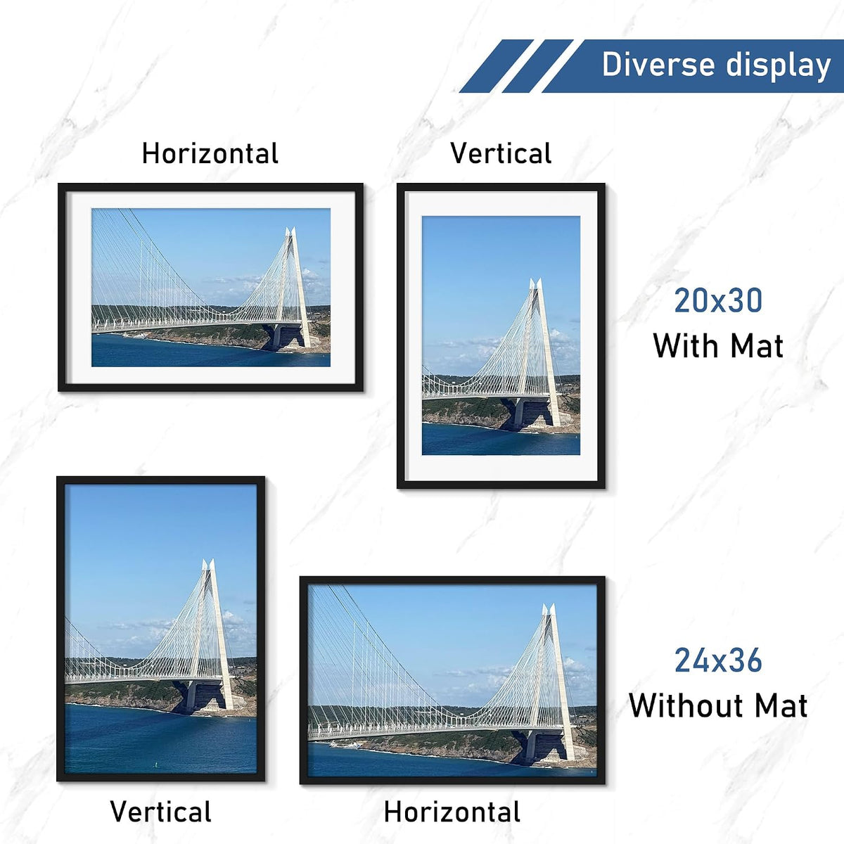 Wiscet 24x36 Poster Frame Set of 4, for Wall Mounting, Black | Display Picture 20x30 with Mat or 24 x 36 without Mat