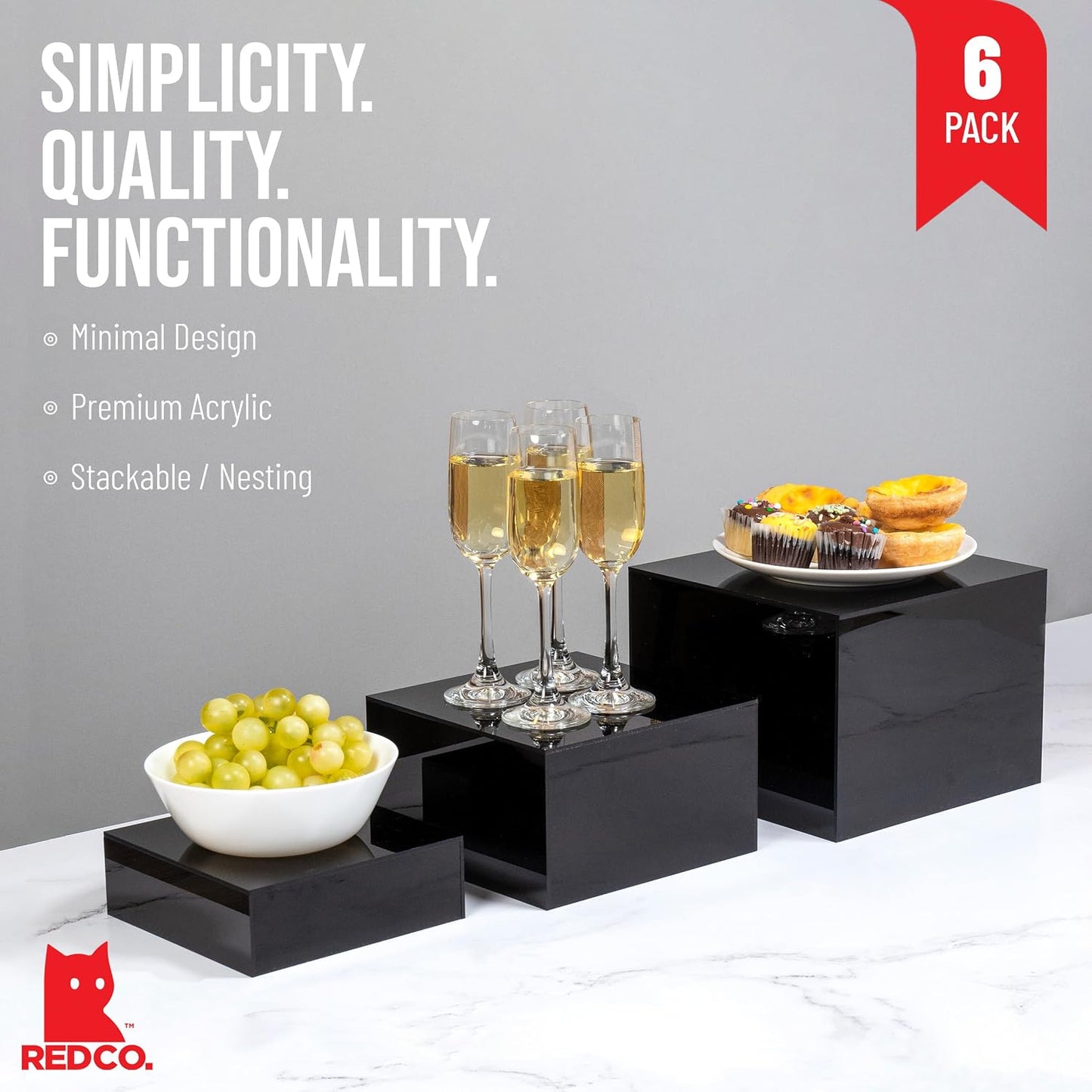 Red Co. Set of 3 Glossy Black Acrylic Cube Display Nesting Risers with Hollow Bottoms - 2 Pack