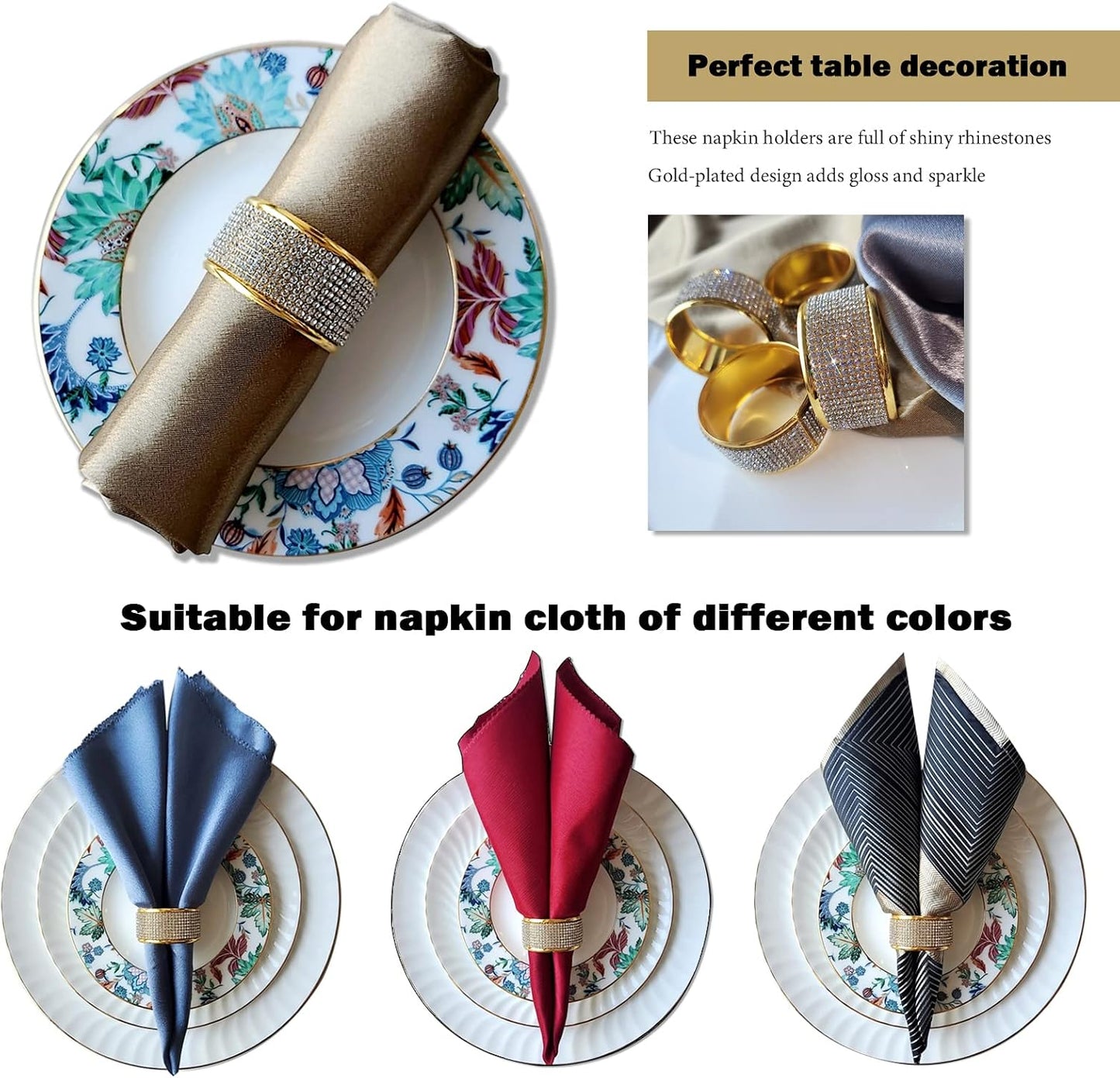 Silver Diamond Gold Napkin Rings Set, Rhinestone Napkin Holder for Dining, Anniversary, Wedding,Bling Cloth Holder Full
