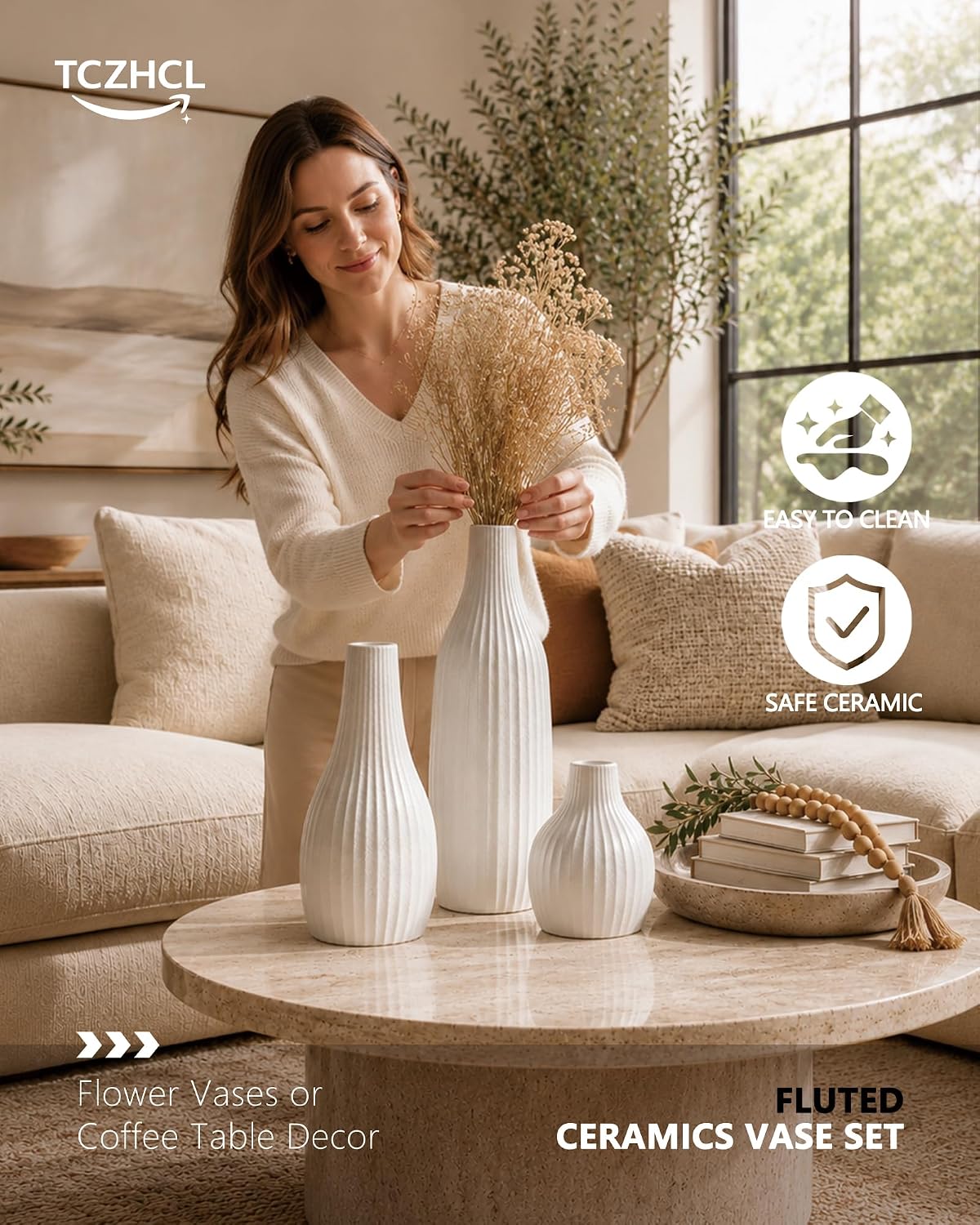 Minimal Line Ceramic Vase / White / Set of 3