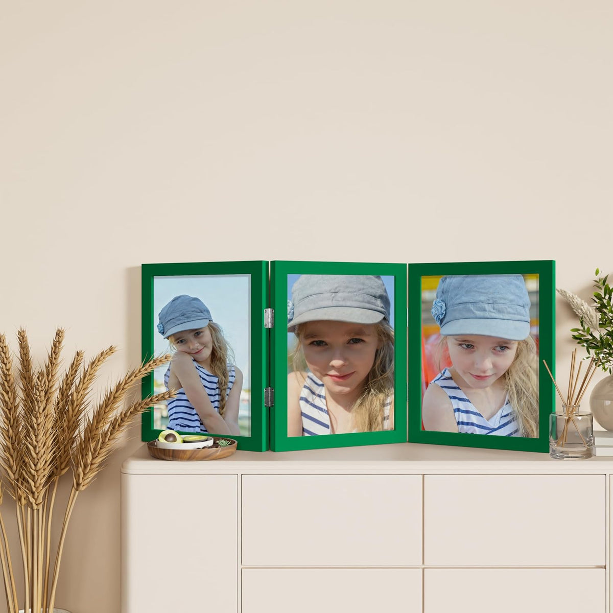 decorUhome Green Triple 8x10 Picture Frame Vertical, MDGN08 | "Z" Shape Folding Design Engineered Wood Trifold Photo