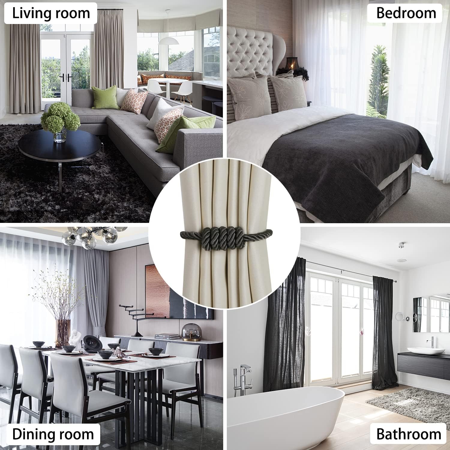 BEL AVENIR Magnetic Curtain Tiebacks 6 Pack Hand-Woven Curtain Ties | Charcoal Decorative Curtain Holdbacks Bohemian
