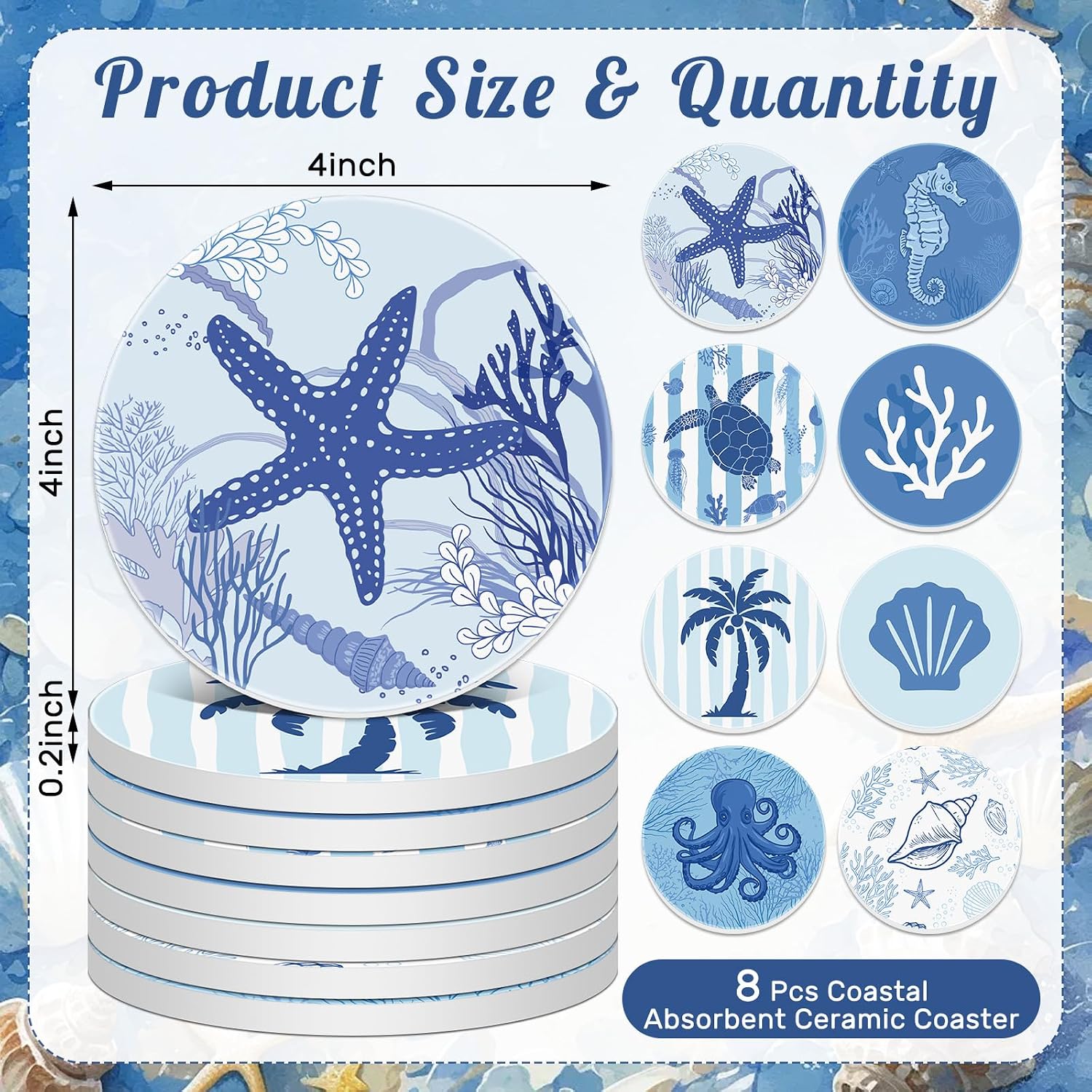 Coastal Coasters for Drinks Ceramic Stone Round Absorbent Coasters / Set of 8