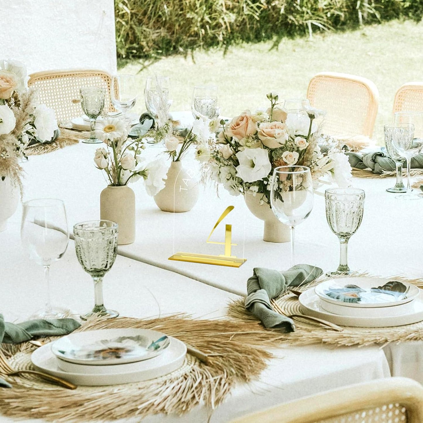 Clear Arch Wedding Table Numbers 1-15, Gold Numbers and Stands | 15 Pack 5x7 Inch Clear Arch Acrylic Sign with Raised
