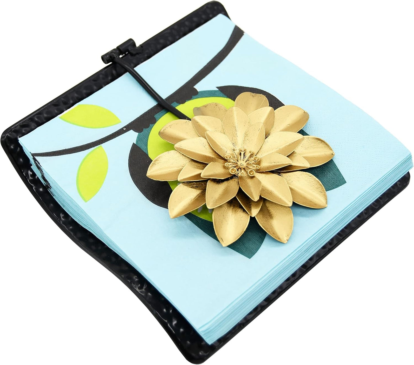 Flat Napkin Holder w/Golden Flower Weighted Arm / Black