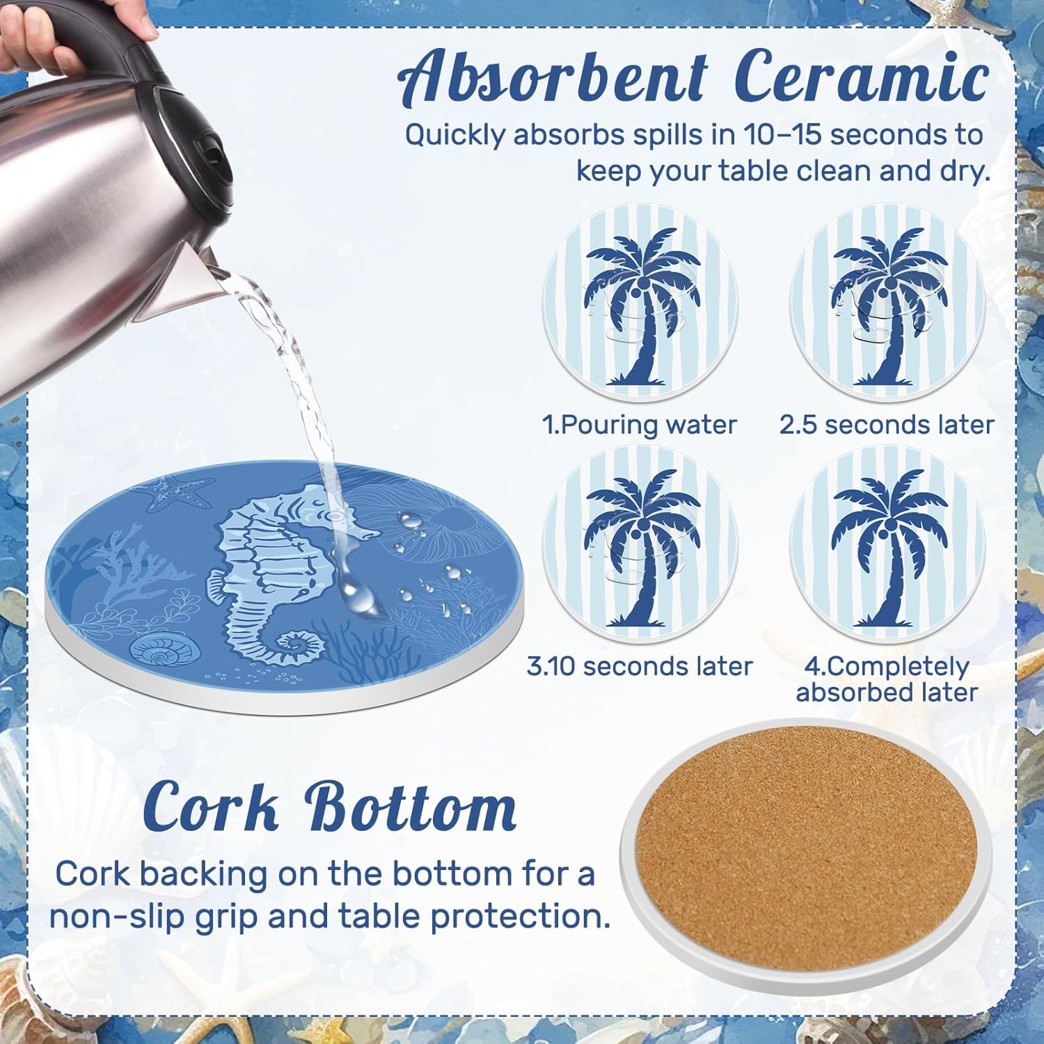 Coastal Coasters for Drinks Ceramic Stone Round Absorbent Coasters / Set of 8
