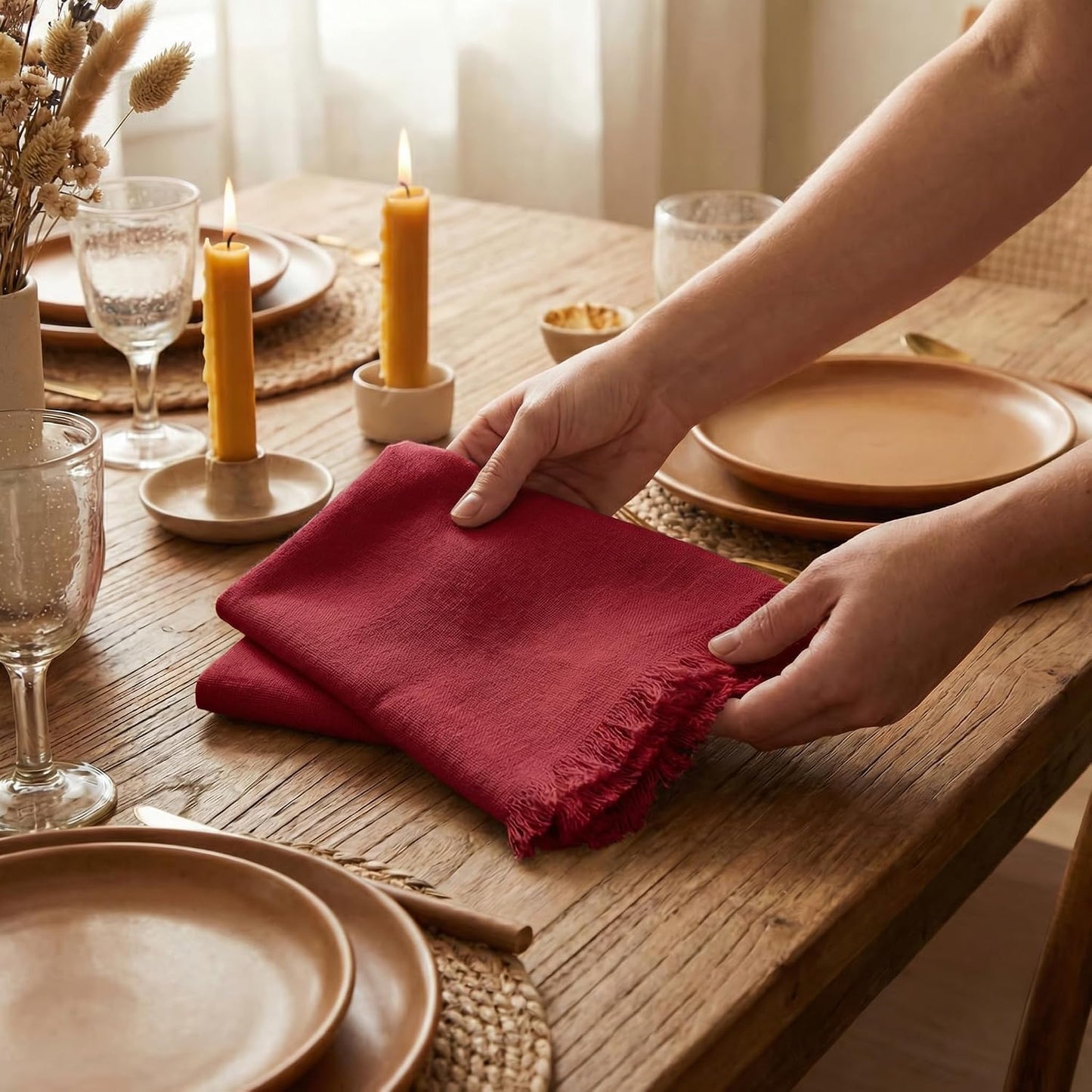 ACCENTHOME Red Cotton Linen Napkin Set of 12 18x18 inch Dinner Napkins | Cotton Linen Blend Napkins, Machine Wash On