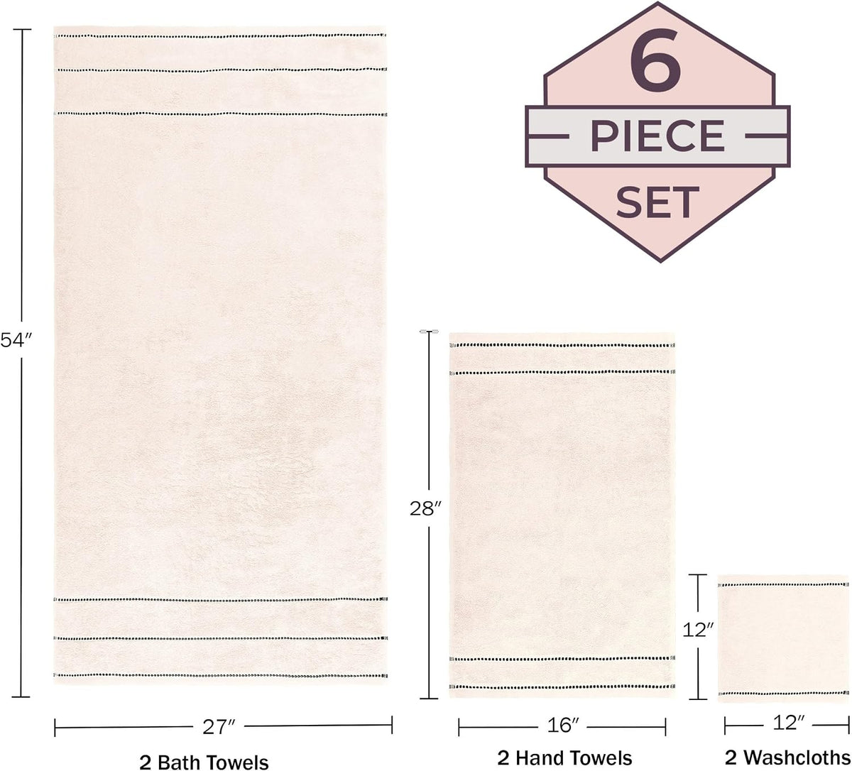 Lavish Home 6PC Towel Set - 525GSM 100% Cotton Bathroom Essentials with 2 Bath Towels, 2 Hand Towels, and 2 Wash Cloths