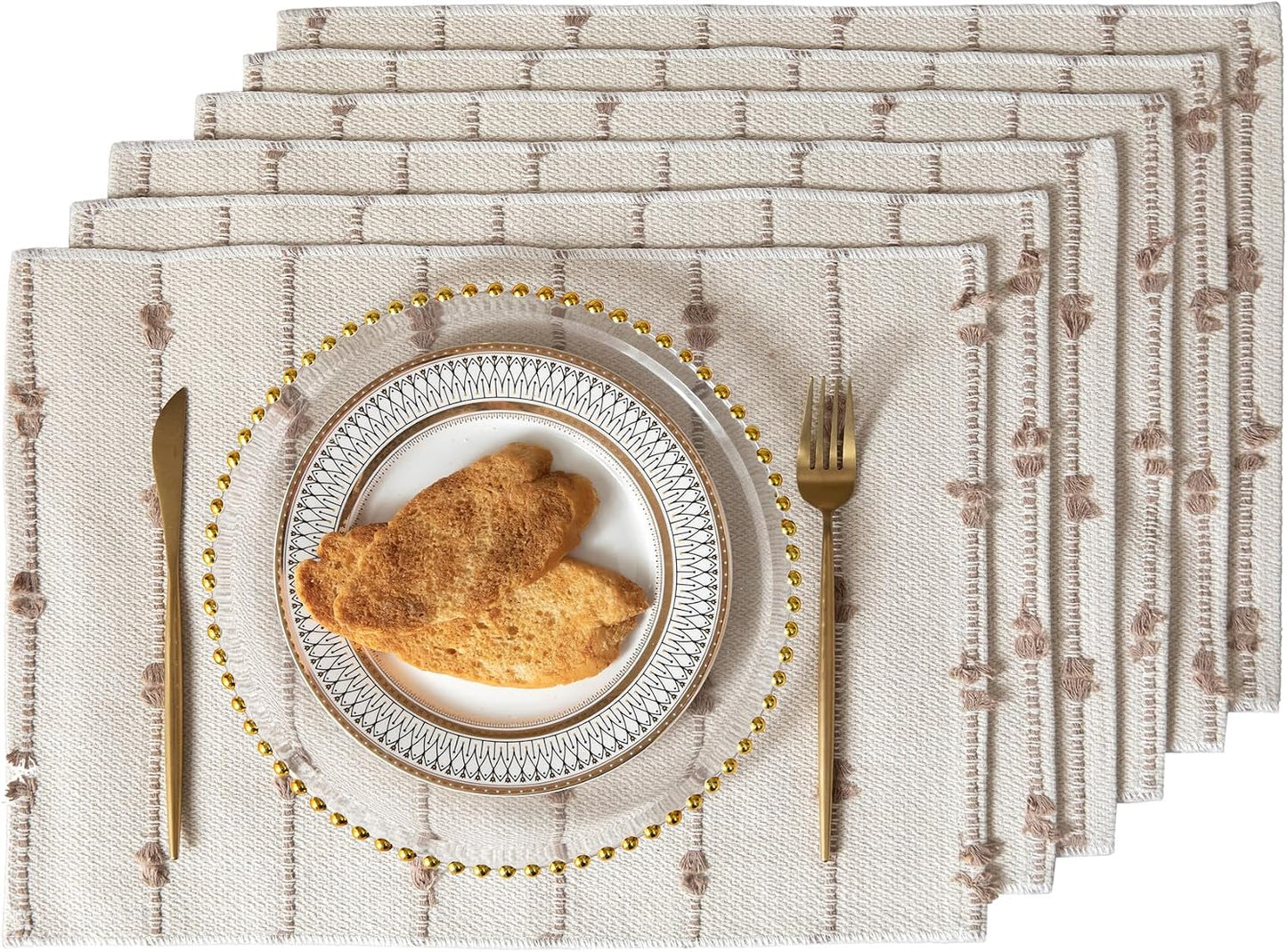 Boho Placemats Set of 6 for Dining Table Decor, Woven Cloth Place Mats for Farmhouse Rustic Kitche Home Decor, Cotton