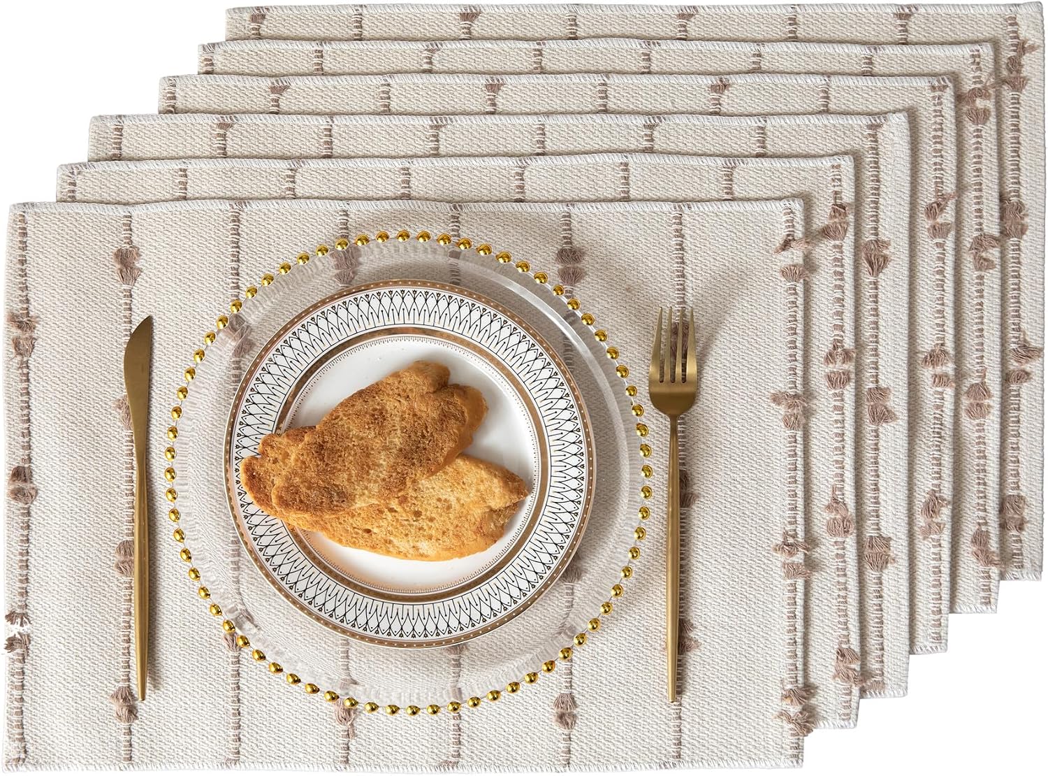 Boho Placemats Set of 6 for Dining Table Decor, Woven Cloth Place Mats for Farmhouse Rustic Kitche Home Decor, Cotton