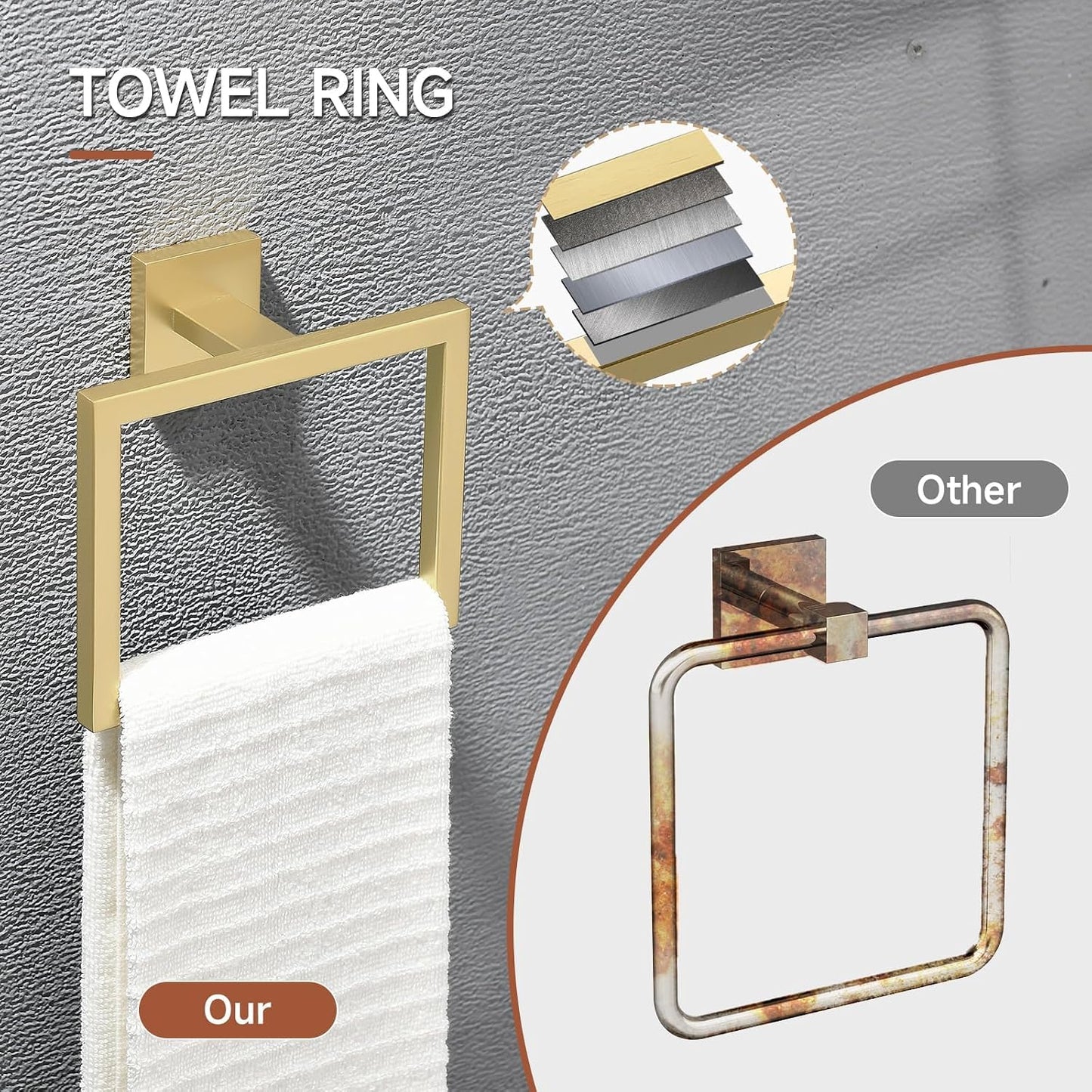 TQKAG 5 Piece Brushed Gold Bathroom Accessories 23.6" Bathroom Hardware Set | SUS304 Stainless Steel, Towel Bar Set
